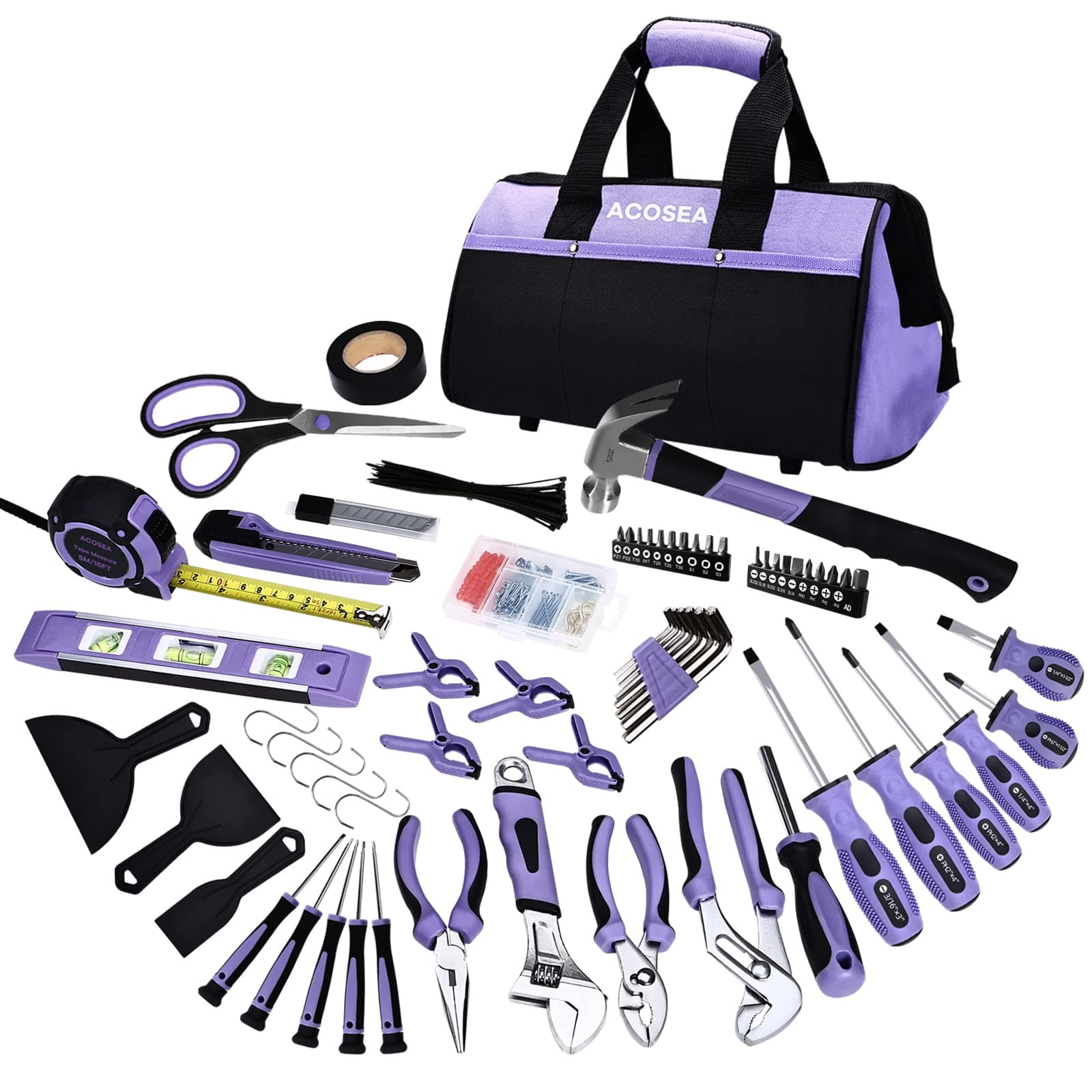 Purple Tool Set,223-Piece Tool Sets for Women,Tool Kit with 13-Inch Wide Mouth Open Purple Tool Bag,The Basic Tool Set is Perfect for Home Maintenance (PURPLE)