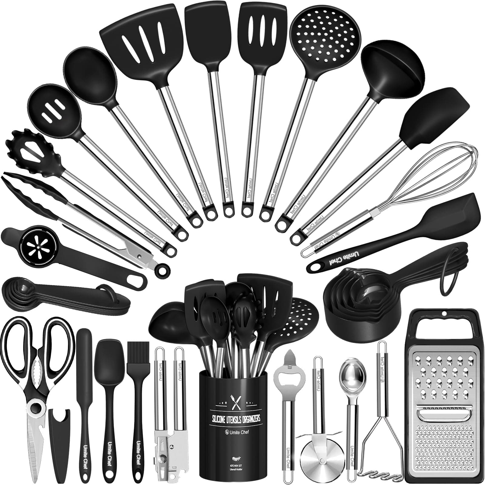 Umite Chef Kitchen Utensils Set- 34 Pcs Silicone Cooking Utensils Set for Nonstick Cookware-Silicone Spatulas Set, Stainless Steel Handle-Black Kitchen Gadgets Tools, Pots and Pans Accessories