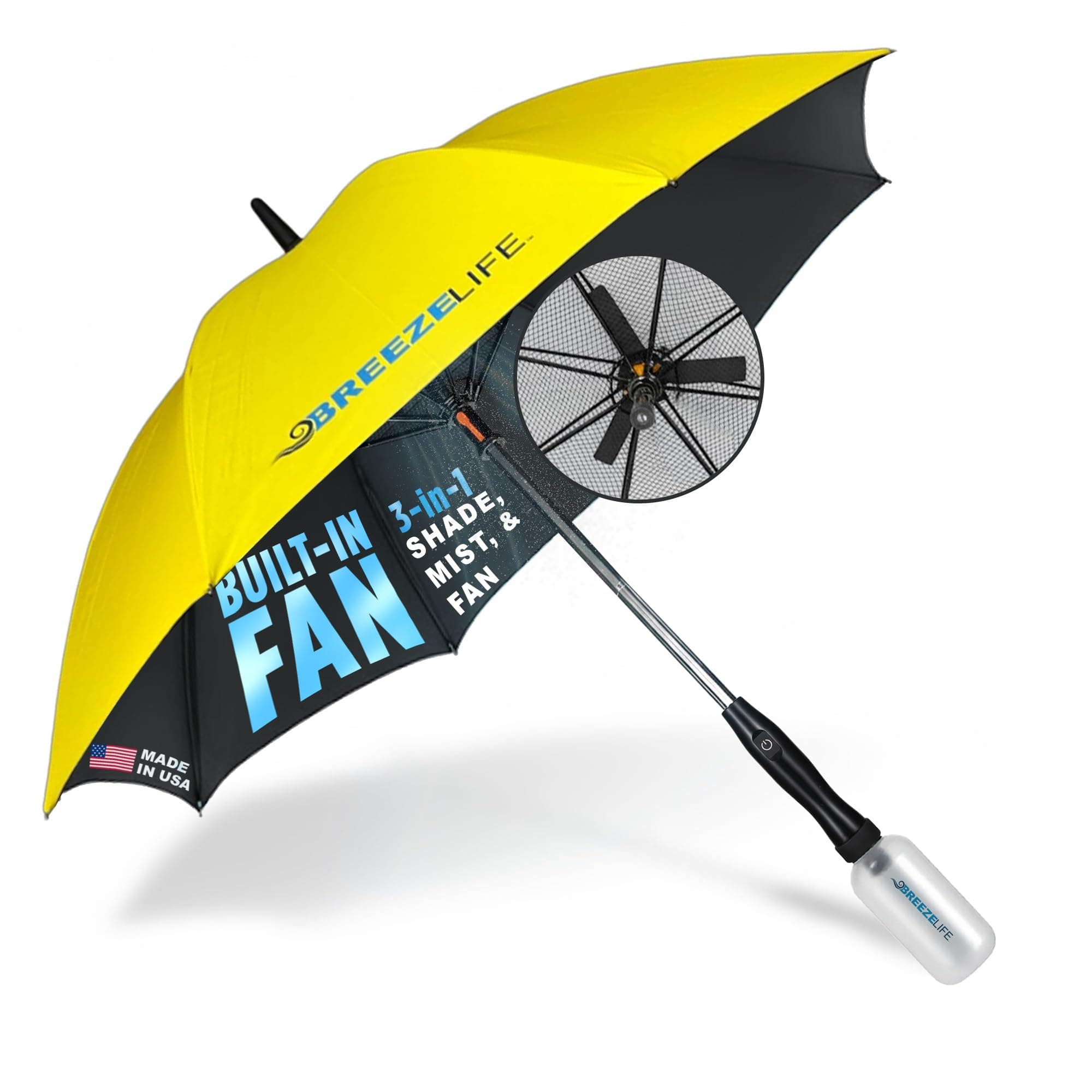 Sun Umbrella with Fan and Mister. A portable misting fan that blocks 99.9% of all UVA and UVB rays. Cooling for festival, beach and summer activities.