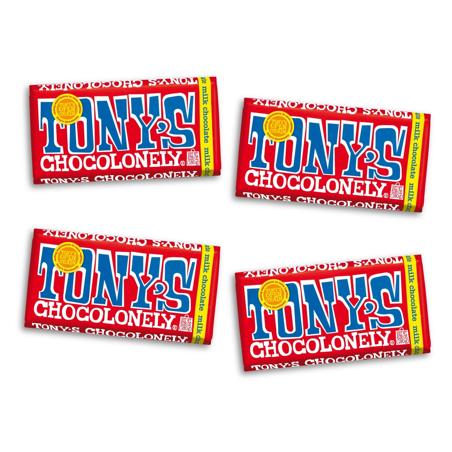 Tony’s Chocolonely Belgian Milk Chocolate Candy Bar, Pure Chocolate Bars for Snacks, Party Favors, Gifts, or Gift Basket, 32% Cacao, Made From Quality Fairtrade Cocoa, 4 Bars, 6.35 Oz Each