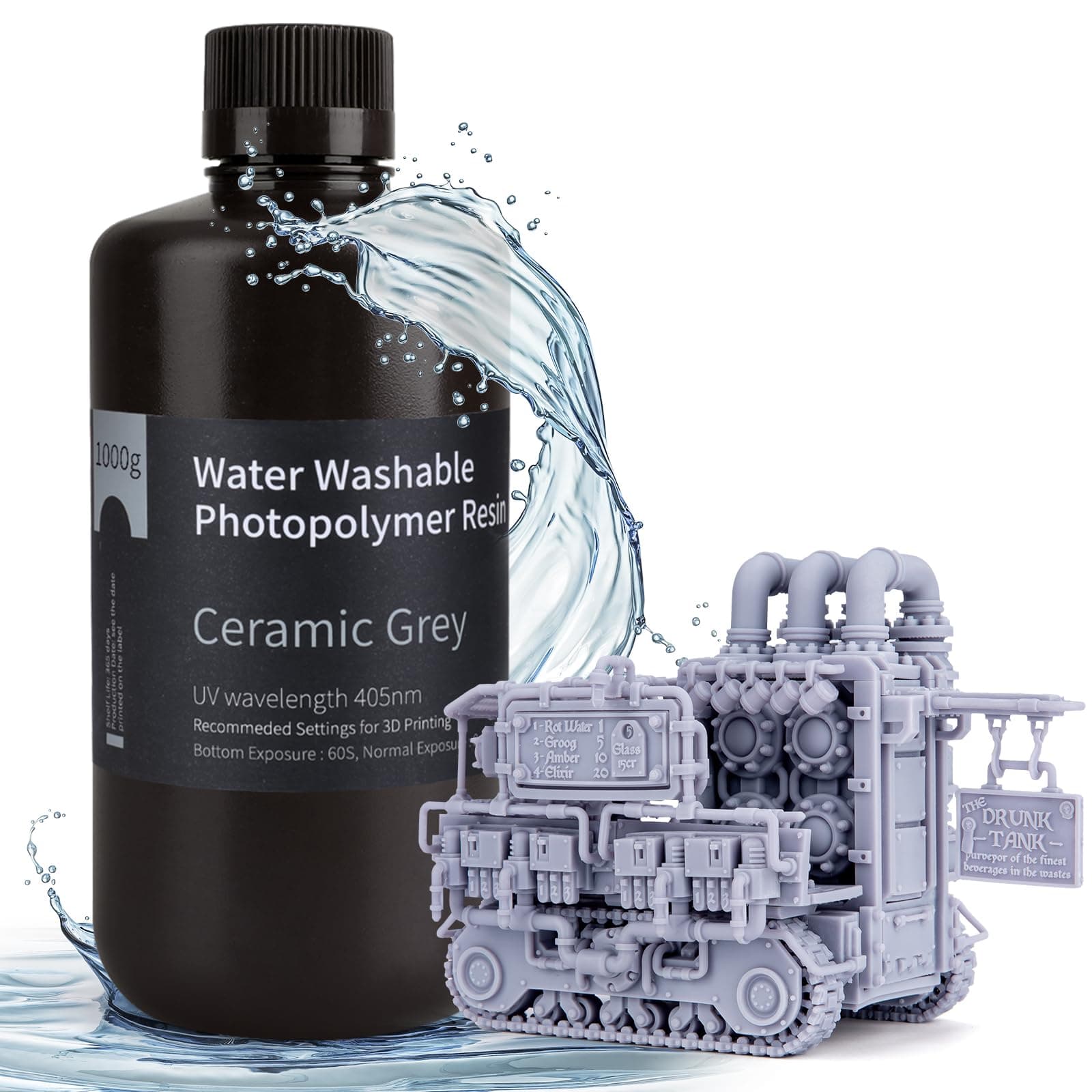Water Washable 3D Printer Resin LCD UV-Curing Resin 405nm Standard Photopolymer Resin for Mars Saturn Jupiter MSLA DLP LCD 3D Printing 1000Gram Ceramic Grey