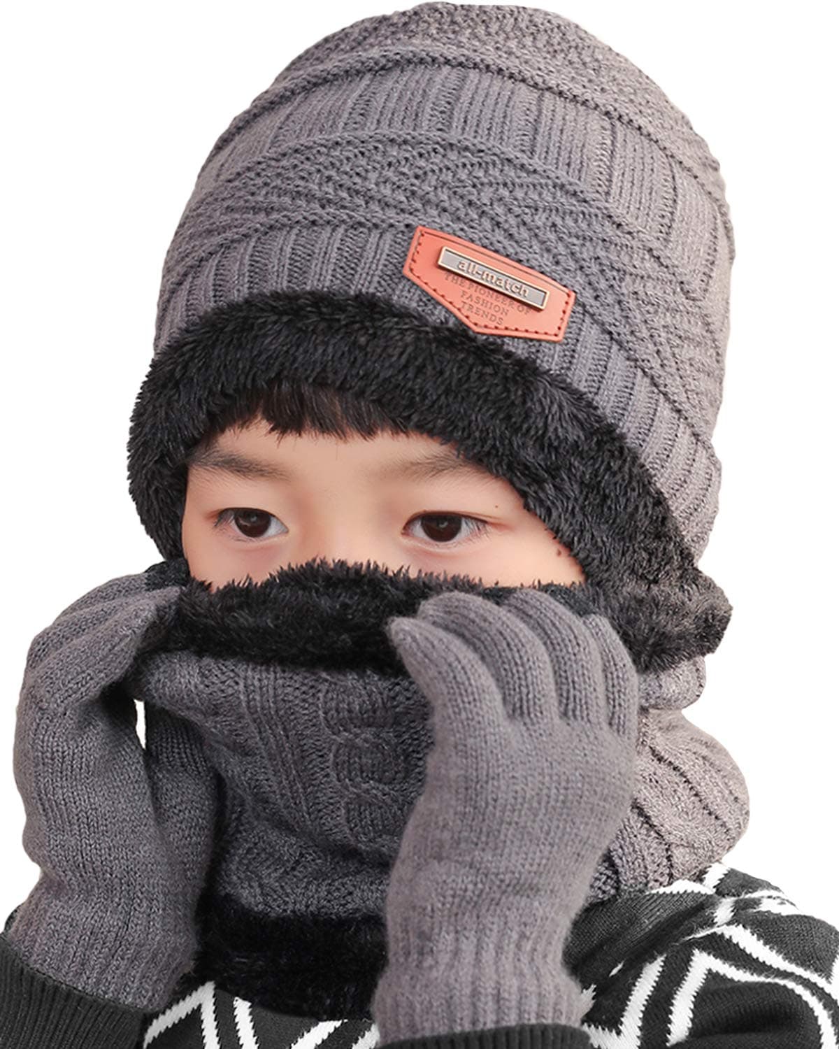 3Pcs Winter Hats Neck Warmer Scarf and Touch Screen Gloves Set for Kids