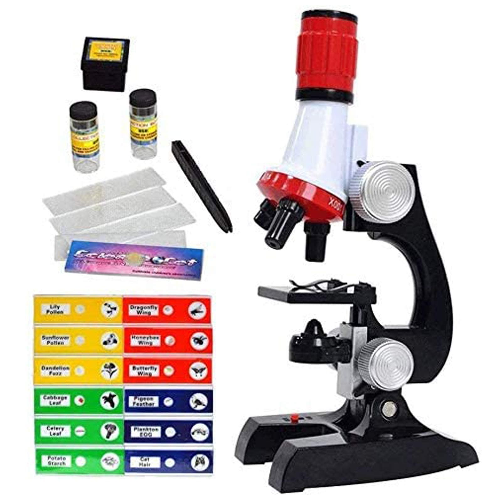 Microscope for Kids | My First Teaching Microscope Science Toy | Kids Beginner Toy Microscopio with LED 100X, 400x, and 1200x Magnification microscopes,red.