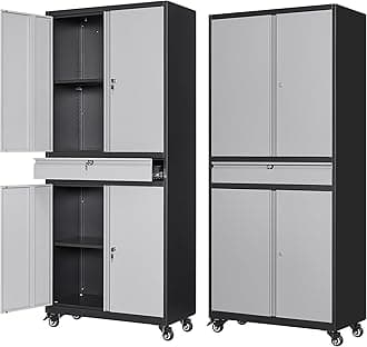 Letaya Metal Garage Storage Cabinet with Wheels,72” Rolling Tool Cabinet with 4 Door Lock-Adjustable Shelves and Drawer for Garage Home Office Utility Room (Black&Gray with Wheels)