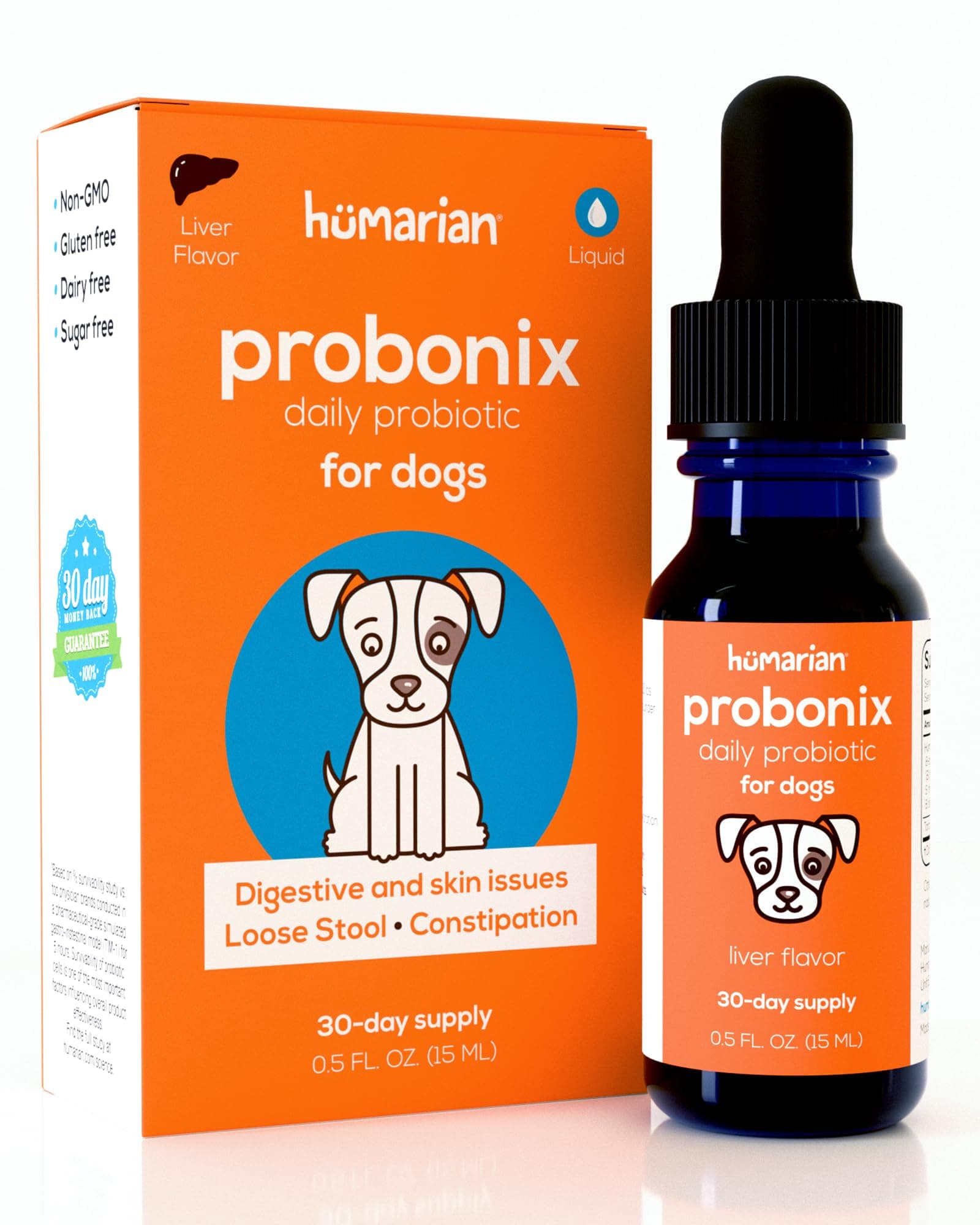 Humarian Probonix Liquid Probiotics for Dogs - 8-Strain Dog Probiotic Drops to Fortify Canine Gut Health, Dental Health, Immunity and More - 30-Day Supply - Liver Flavor