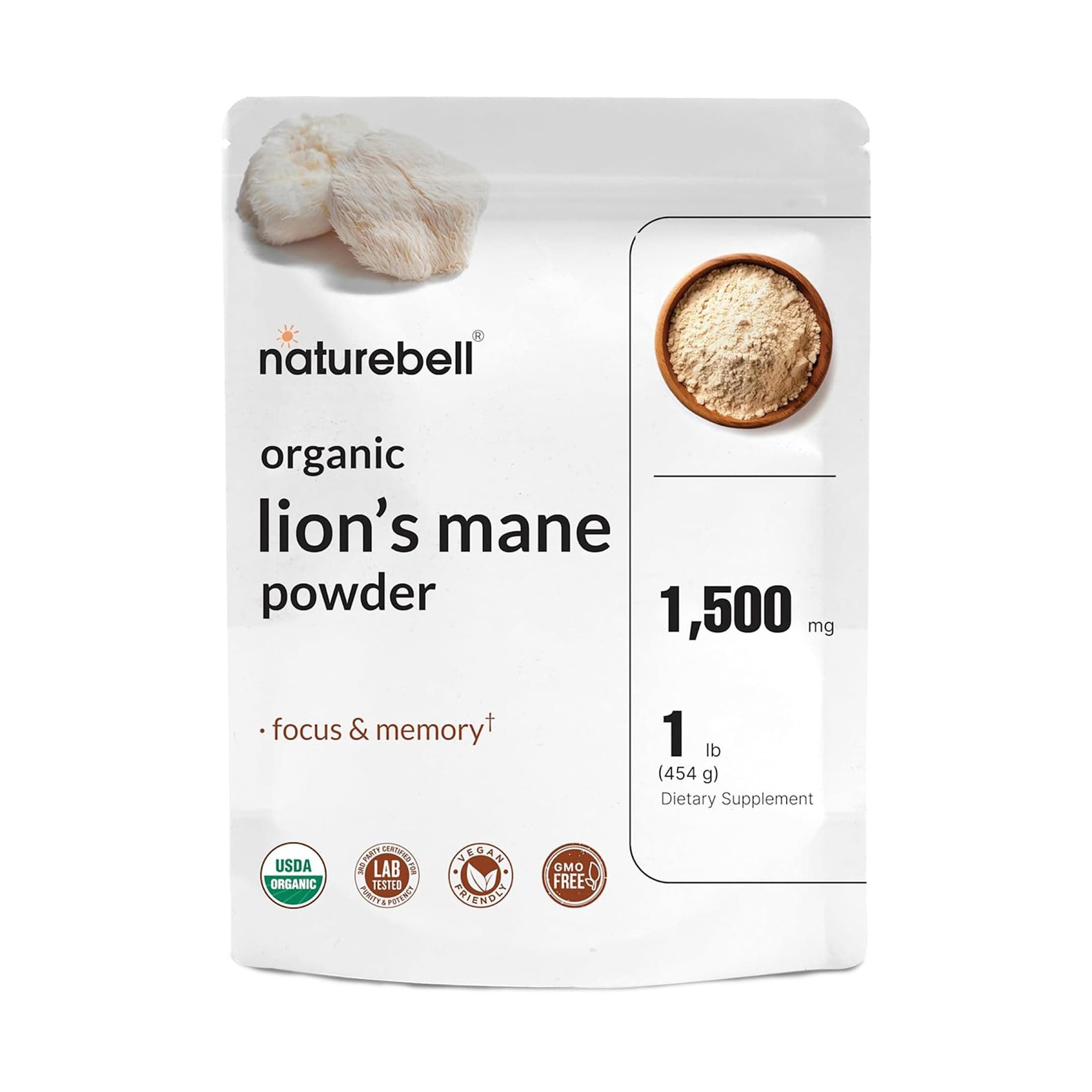 NatureBell Organic Lion’s Mane Powder 1,500mg - 1 lb - Brain, Focus & Memory Support* - Whole Fruiting Body & Mycelium - Non-GMO & Gluten-Free