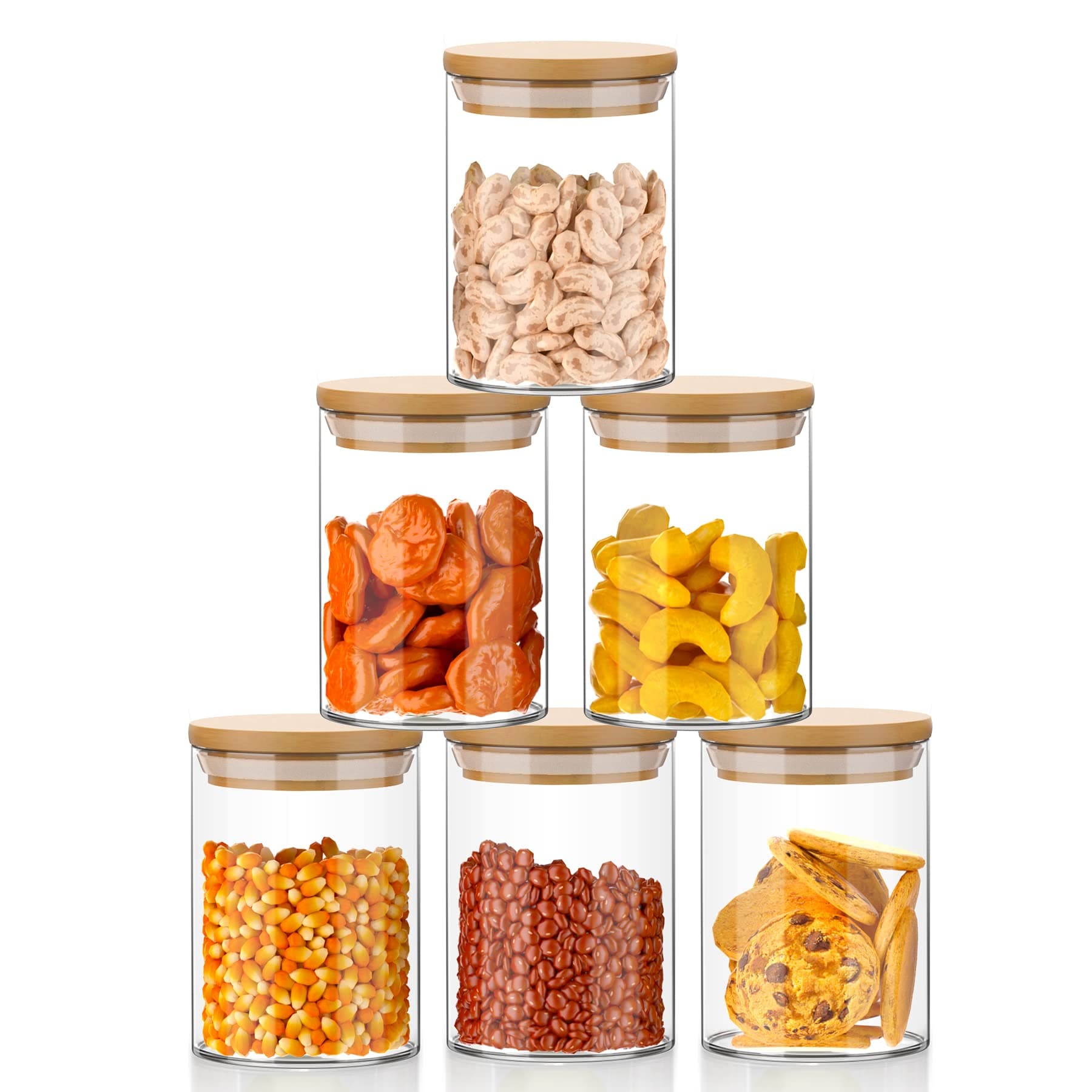 6 Set Glass Jars Set 260ml, 9oz Spice Jars Food Cereal Storage Container with Bamboo Airtight Lids and Labels for Flour, Sugar, Coffee, Candy, Snack and More
