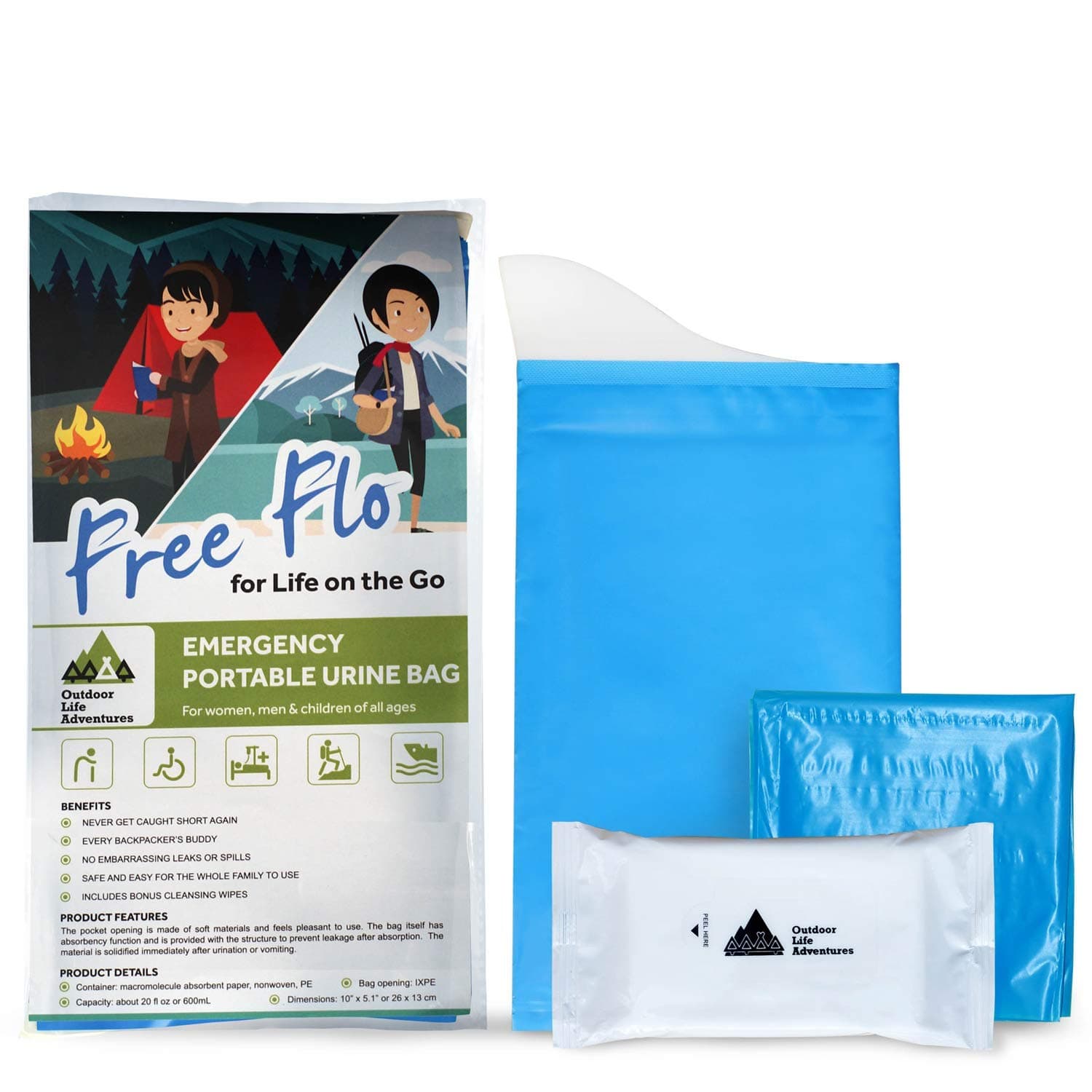 Disposable Urine Bags With Gel - 10 Pack - Easy To Use Emergency Pee, Vomit Bags - Unisex Design Is Ideal for Women and Children - Use For Car, Travel, Camping, Hiking - Includes Bonus Cleansing Wipes