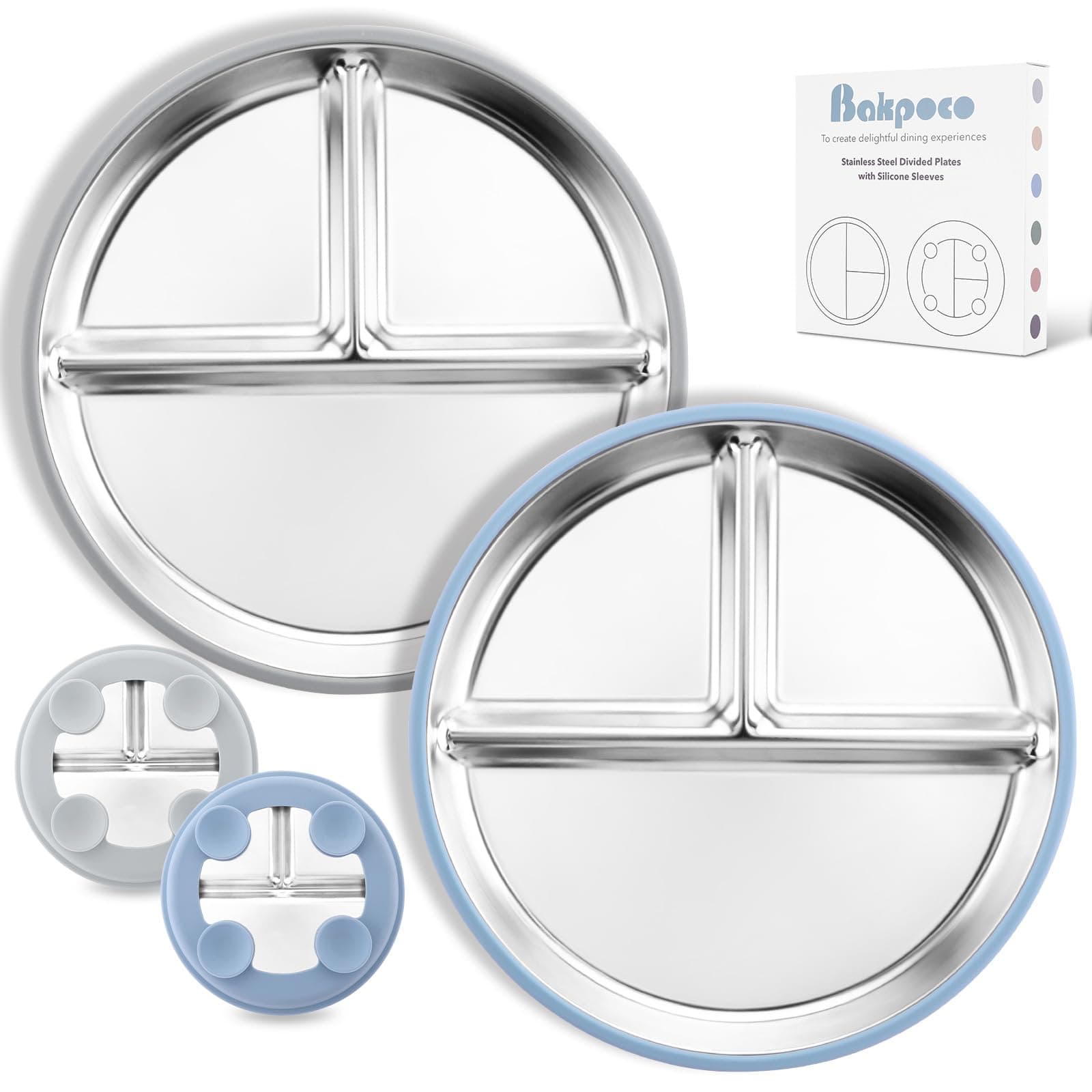 Stainless Steel Toddler Plate with Suction, 9” Divided Plates with Removable Silicone Sleeves for Kids, Non Toxic & BPA Free | Non Slip | Unbreakable Baby Snack Dishes Set of 2, Blue & Gray
