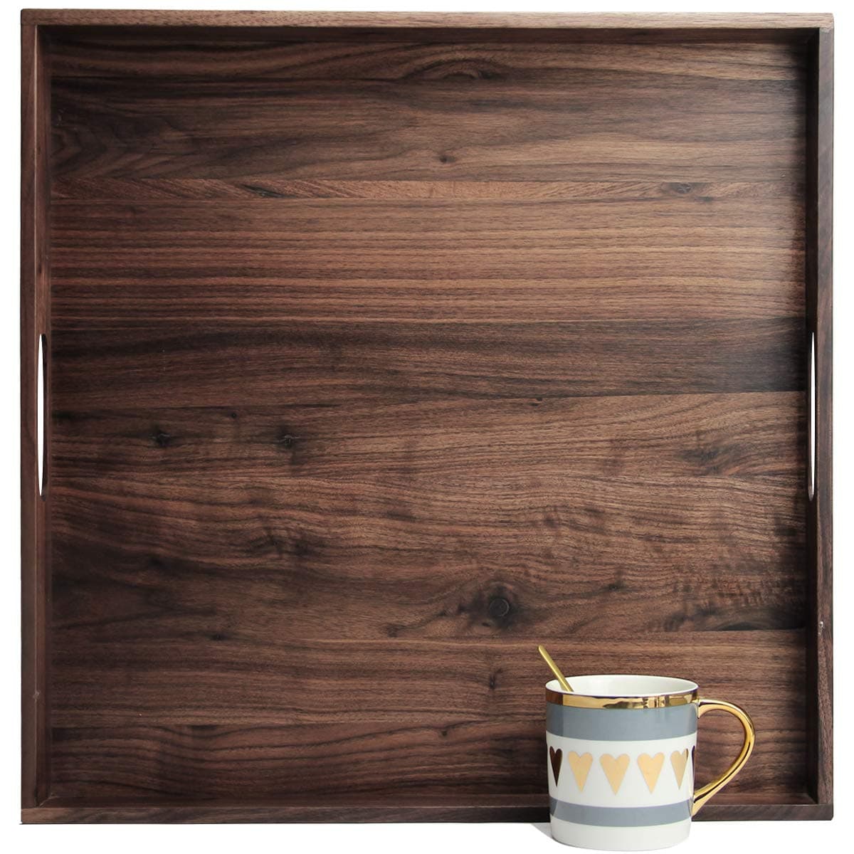 19 x 19 Inches Large Square Black Walnut Wood Ottoman Tray with Handles, Serve Tea, Coffee Classic Wooden Decorative Serving Tray