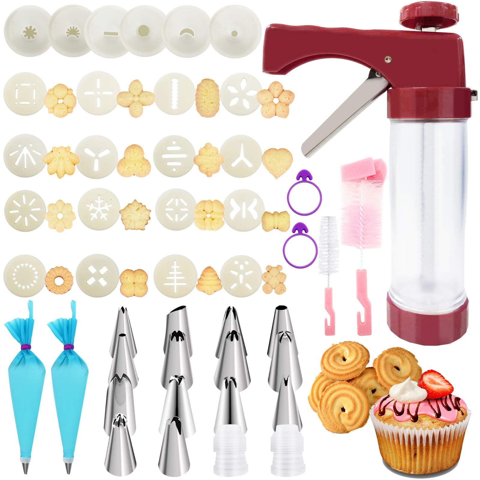 45PCS Cookies Press Gun Kit Set,DIY Cookie Maker With 16Cookie Discs,Icing Tips,Cleaning Brushes,EVA Piping Bags,Cookies Decorating Kit Baking Tool For Biscuit Making,Cakes Decorating For Any Holidays