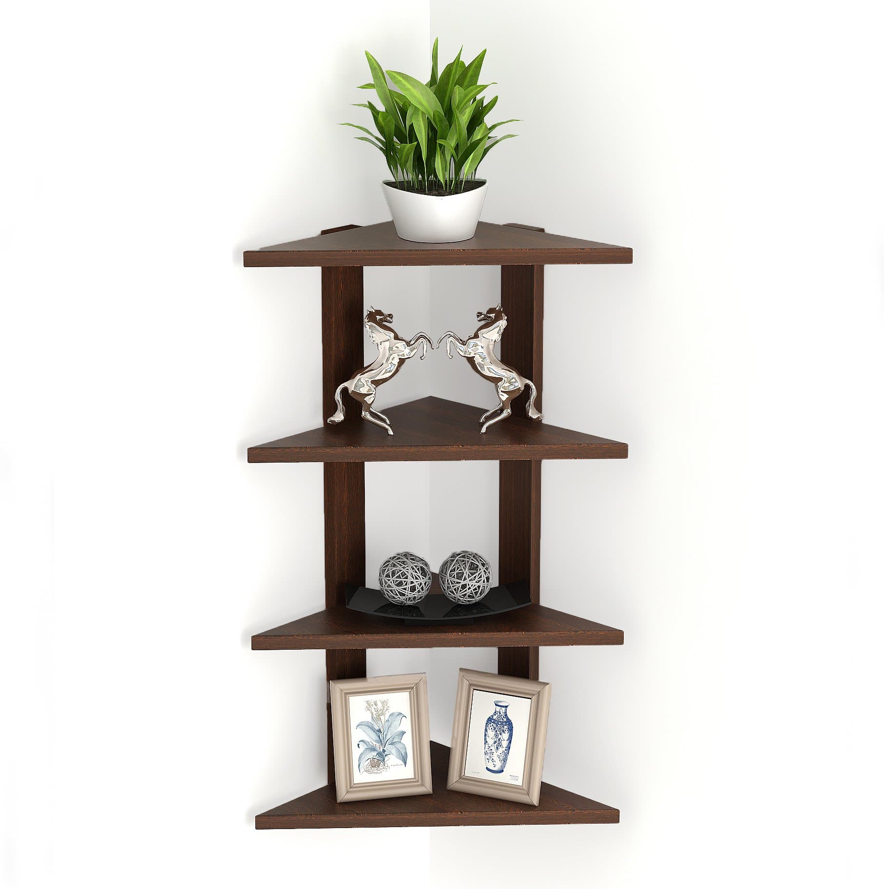 Wudville Bluewud Braine Engineered Wood Wall Mount Corner Shelf, Display Rack, (4 Tringle Shelves - Wenge)