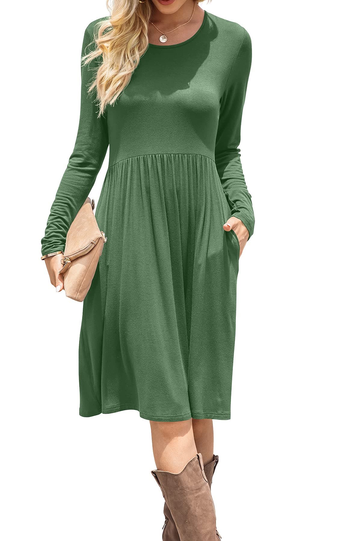 DB MOON Women Casual Long Sleeve Dresses Empire Waist Loose Dress with Pockets (Army Green, XS)