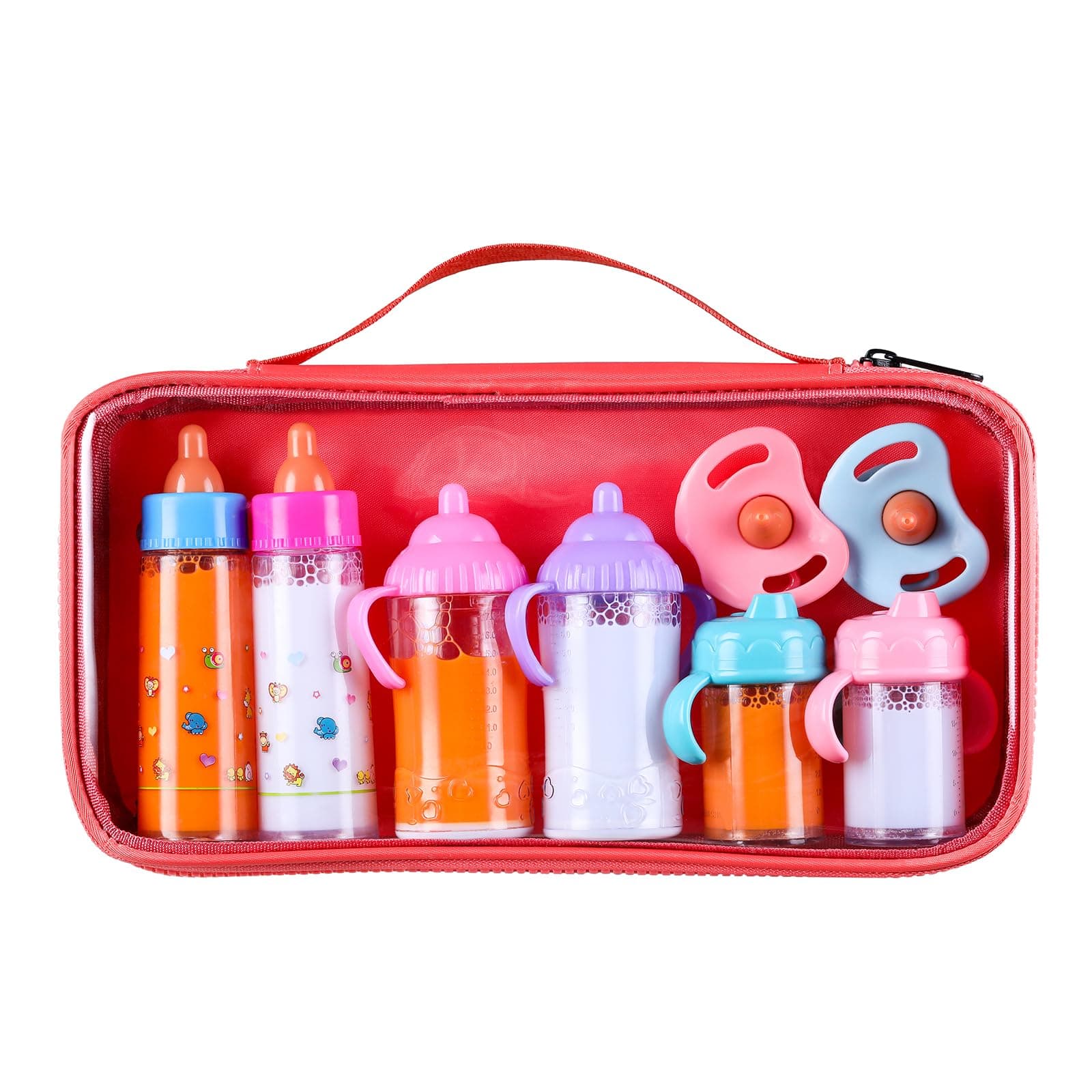 8 Pieces Magic Disappearing Milk and Juice Bottle with Pacifier, Pretend Play Feeding Toy Set with Red Package,Baby Doll Accessories