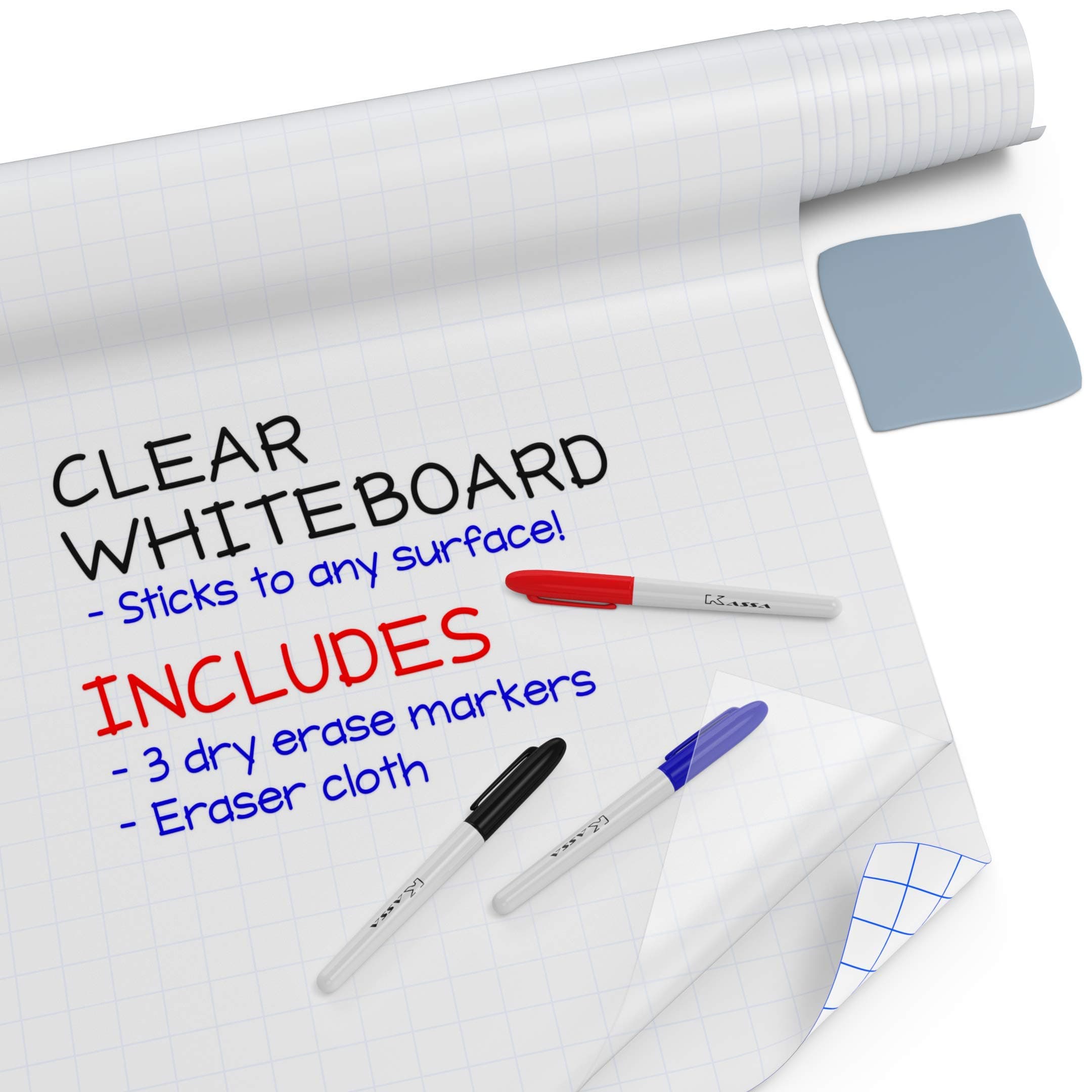 Kassa X-Large Chalkboard Wallpaper - Clear | 1.4ft x 6.5ft Adhesive Paper Roll | Includes 3 Markers & Eraser Cloth | Peel & Stick on a Wall, Table & Desk | Ideal for Use at Home, School, Office & More