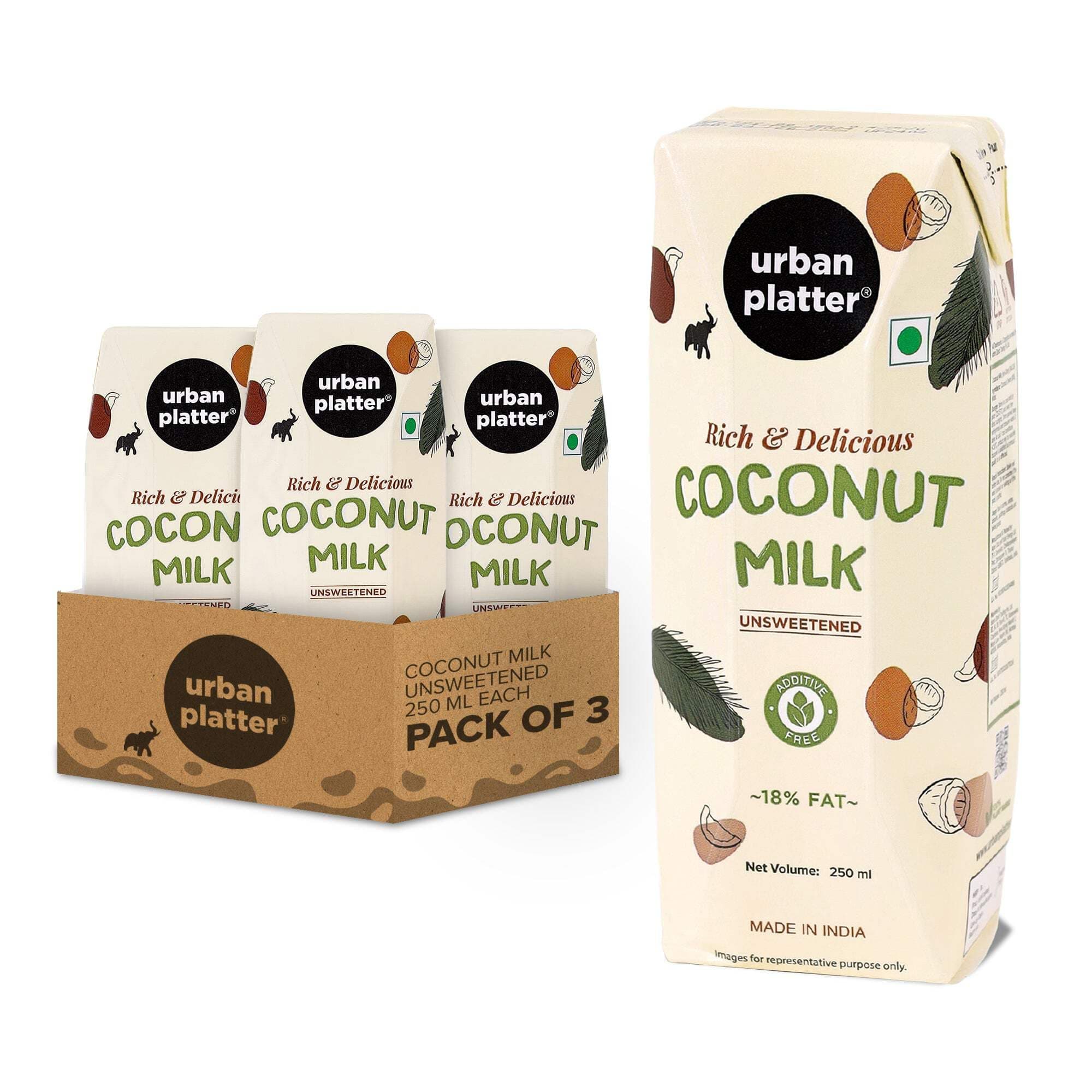 Urban Platter Unsweetened Coconut Milk 8.45 Fl Oz (Pack of 3) | Plant Based & Dairy Free | Creamy & Delicious | Ideal For Drinks, Curries, Pudding, Desserts, Baking Goods & More