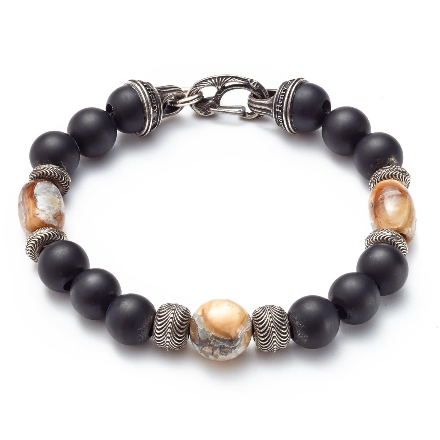 William Henry Men's 8.5 Inch Silver and Black Onyx Beaded Bracelet