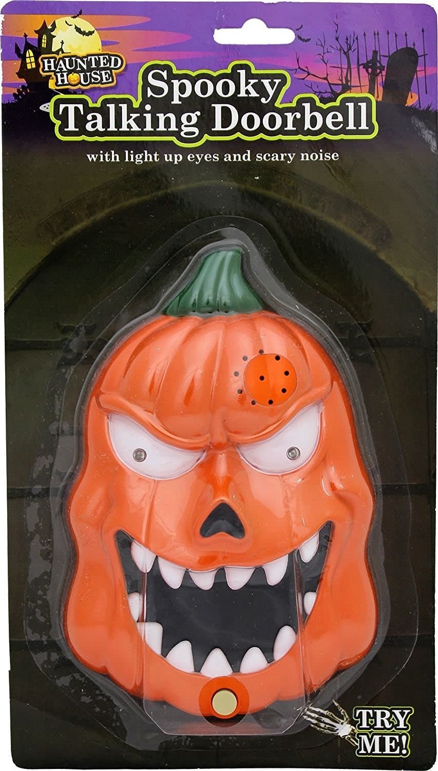Spooky Halloween Talking Door Bell- Lights up & Sounds- Witch, Pumpkin, Mummy or Dracula (Pumpkin)