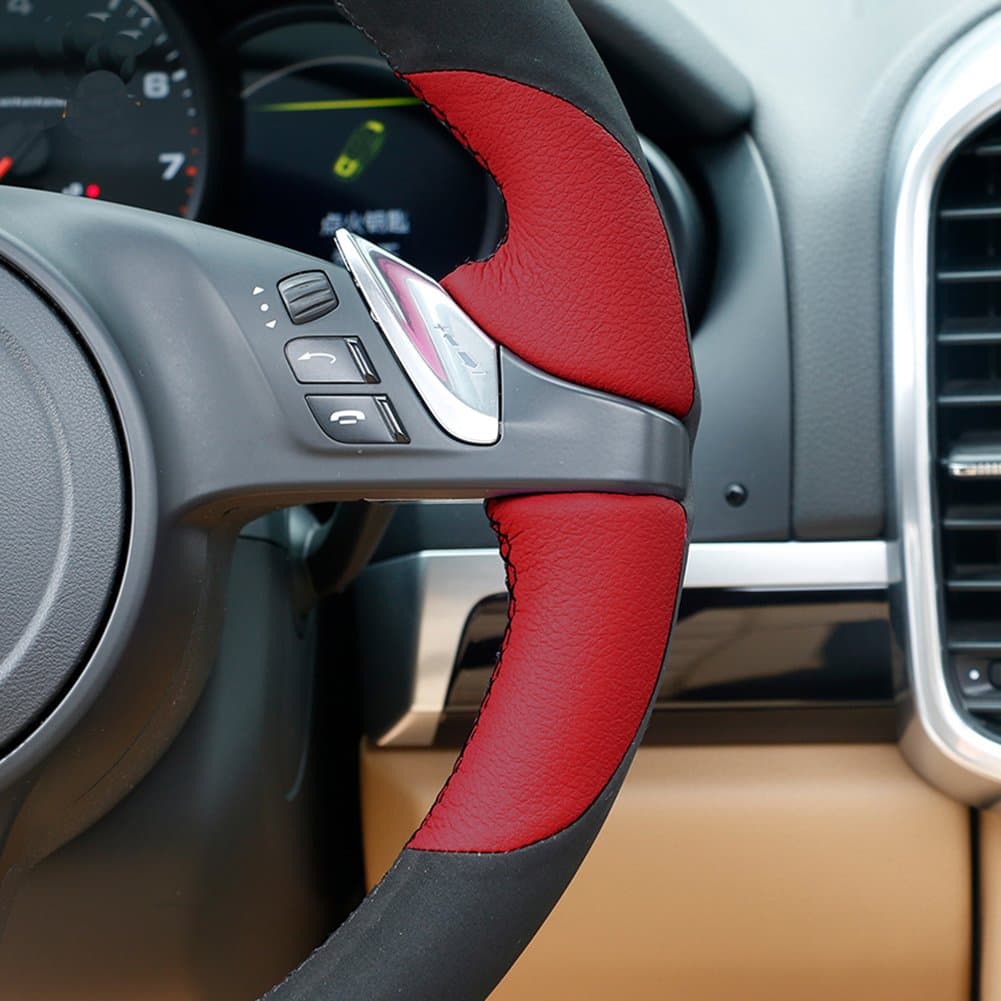 Black Suede Red Leather Auto Custom Steering Wheel Cover for Porsche 911 Porsche 911 Carrera S/Porsche Boxster S Boxster Base/Porsche Cayenne Base Cayenne S/Porsche Panamera Accessories