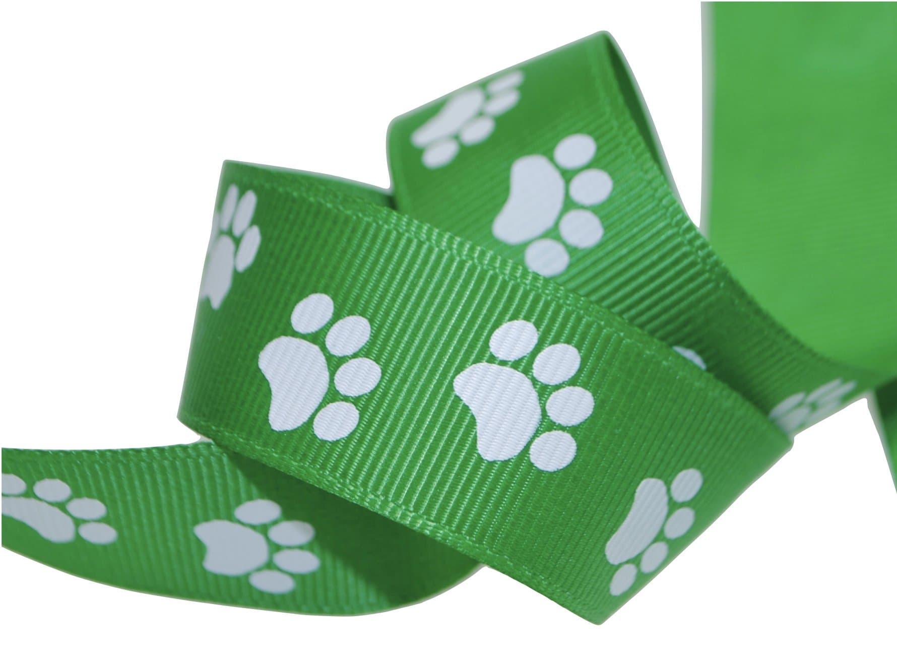 7/8" Paw Print Grosgrain Ribbon (5 Yards, Green/White)
