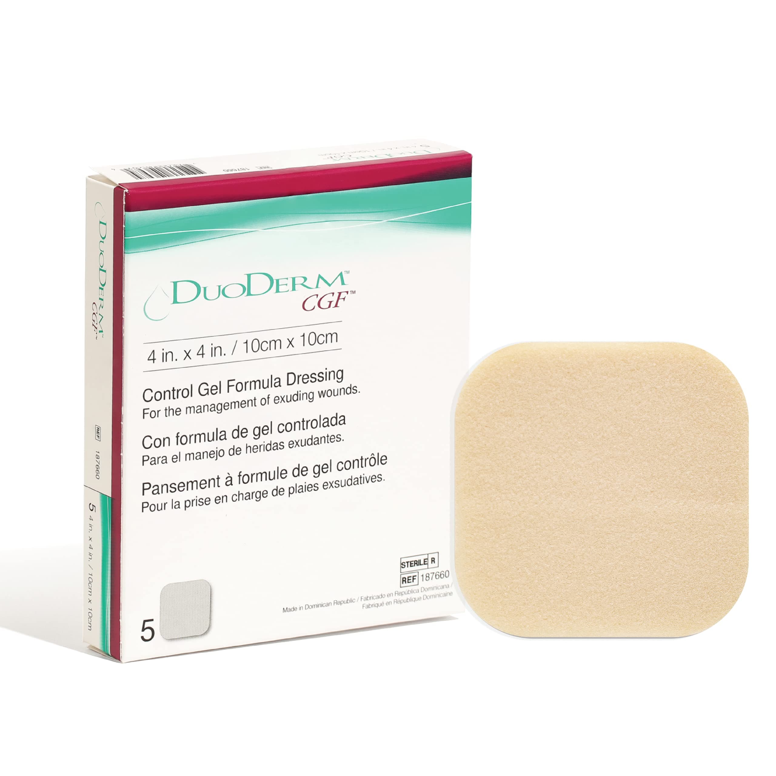 Convatec DuoDERM Control Gel Formula 4"x4" Hydrocolloid Sterile Adhesive Dressing for Partial and Full-Thickness Wounds, Medical Grade, Latex-Free, Waterproof, Square, Beige, 5ct Box