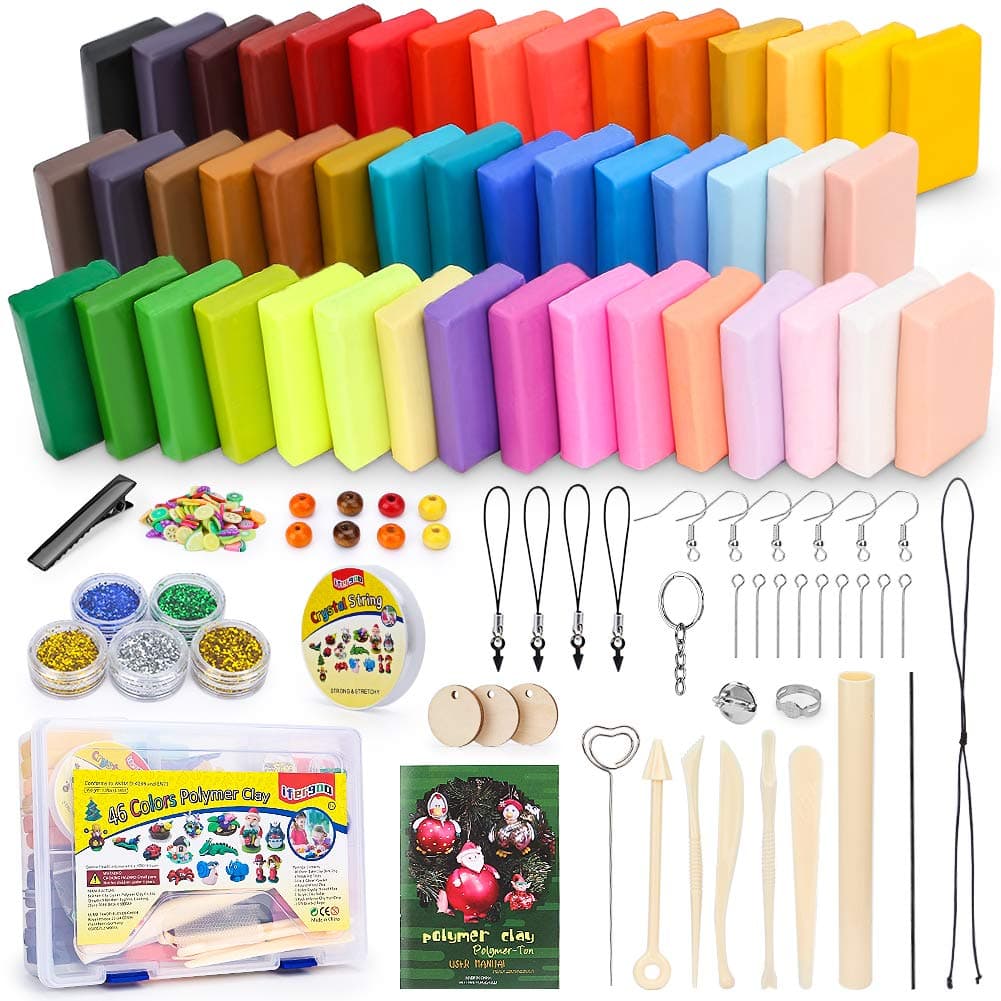 iFergoo Polymer Clay Starter Kit, 46 Colors, Oven Bake, DIY Modeling Clay, 5 Tools, 5 Mica Powders, 40 Jewelry Accessories for Kids and Adults