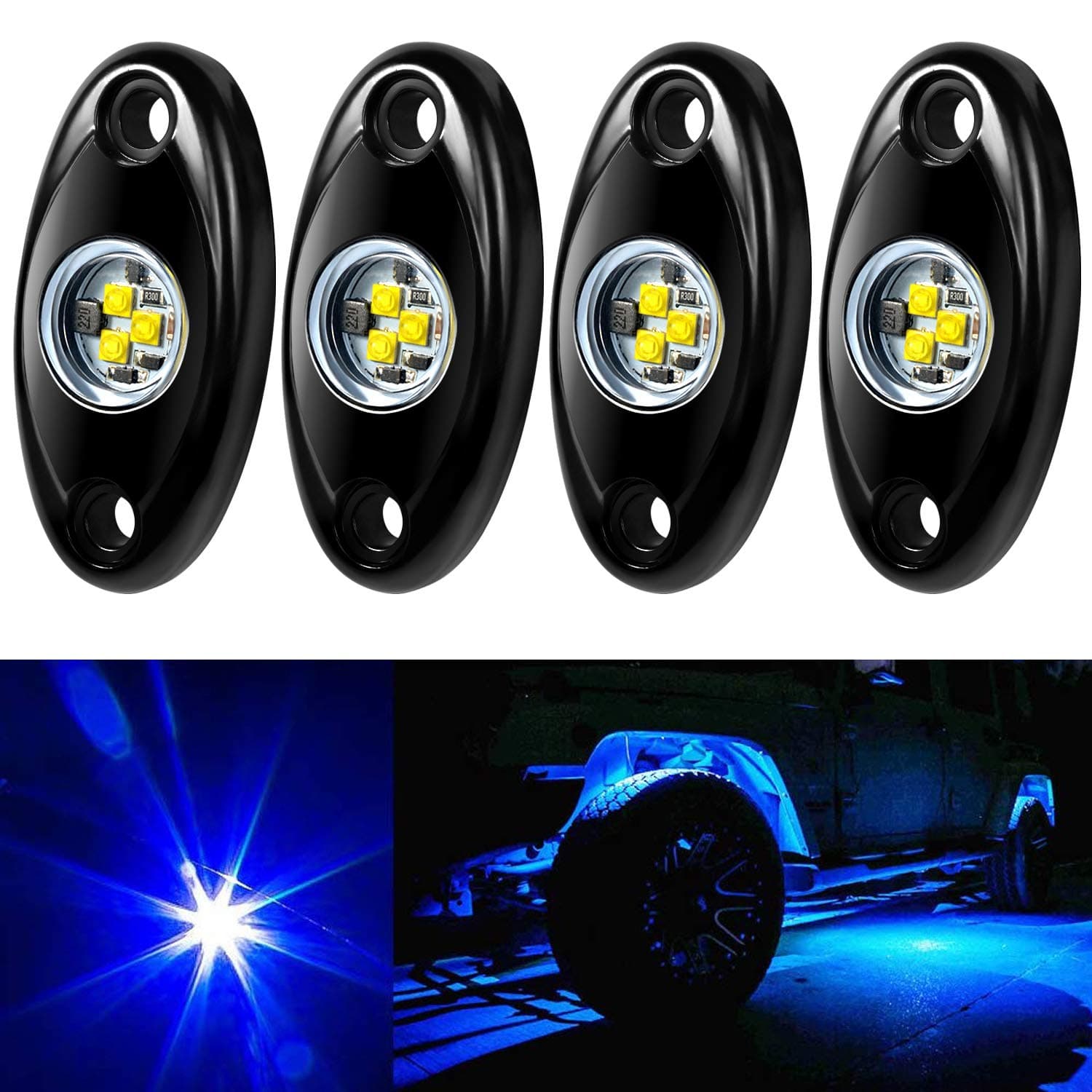 4 Pods LED Rock Light Kit for Jeep ATV SUV Offroad Car Truck Boat Underbody Glow Trail Rig Lamp Underglow LED Neon Lights Waterproof - Blue
