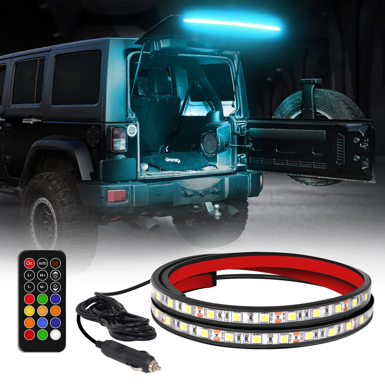 40 Inch RGBW Rear Window Lift Gate Dome Light Strip Back Glass Tailgate Hatch Trunk Cargo Camping Light RF Wireless Remote Compatible with Jeep Wrangler JL JK YJ TJ JKU JLU 2/4-Door SUV