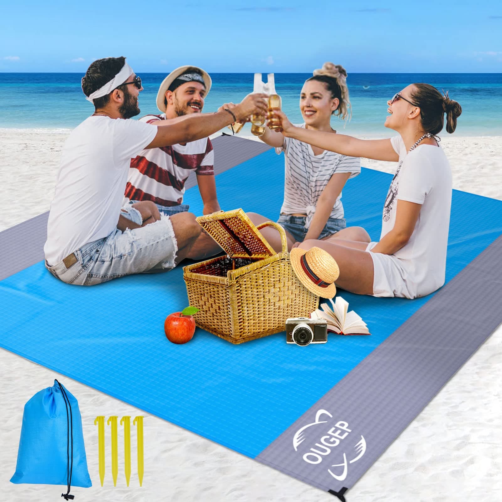 Beach Blanket Sandproof, Large Picnic Blanket Waterproof 200 x 230cm for 4-8 Adults,Beach Mat Sand Free Waterproof for Camping, Hiking,Beach,Picnic (Blue/Grey)