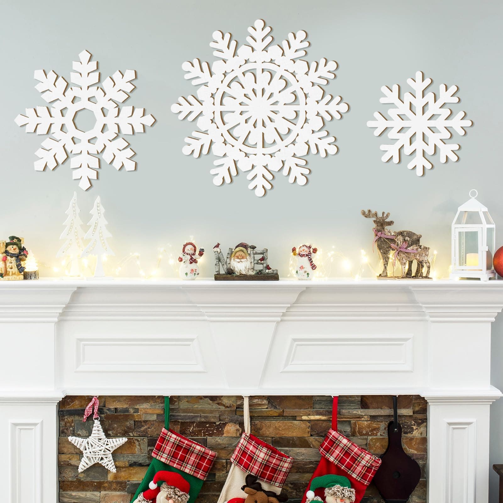 Wooden Large Snowflake Ornaments Sign Christmas Decorations 3Pack, Wood Hollow White Snowflakes Crafts Winter Hanging Plaques Decorations 3 Size of Cutouts New Year Wall Bedroom Living Room Decoration