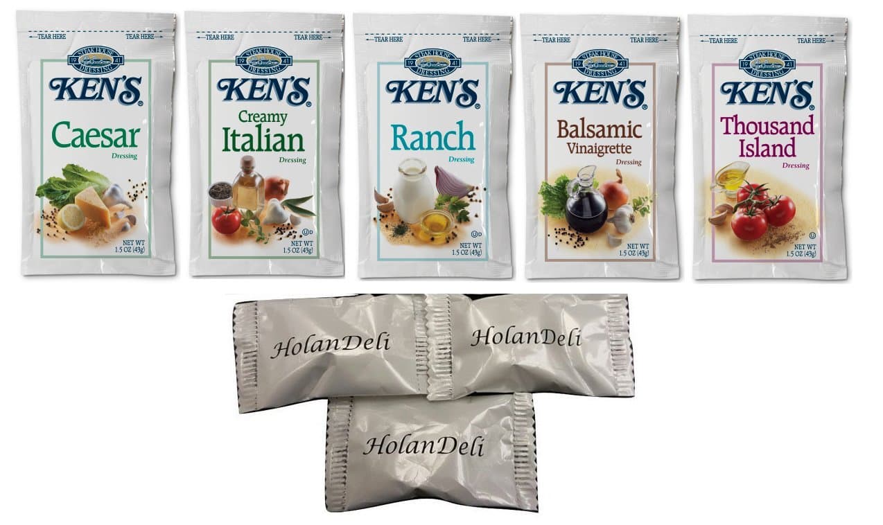 (25 Packets) Ken's Steak House Assorted Salad Dressing 5 Flavors 1.5 oz Packets. (Caesar, Ranch, Creamy Italian, Balsamic Vinaigrette, Thousand Island ). Includes HolanDeli Mints.