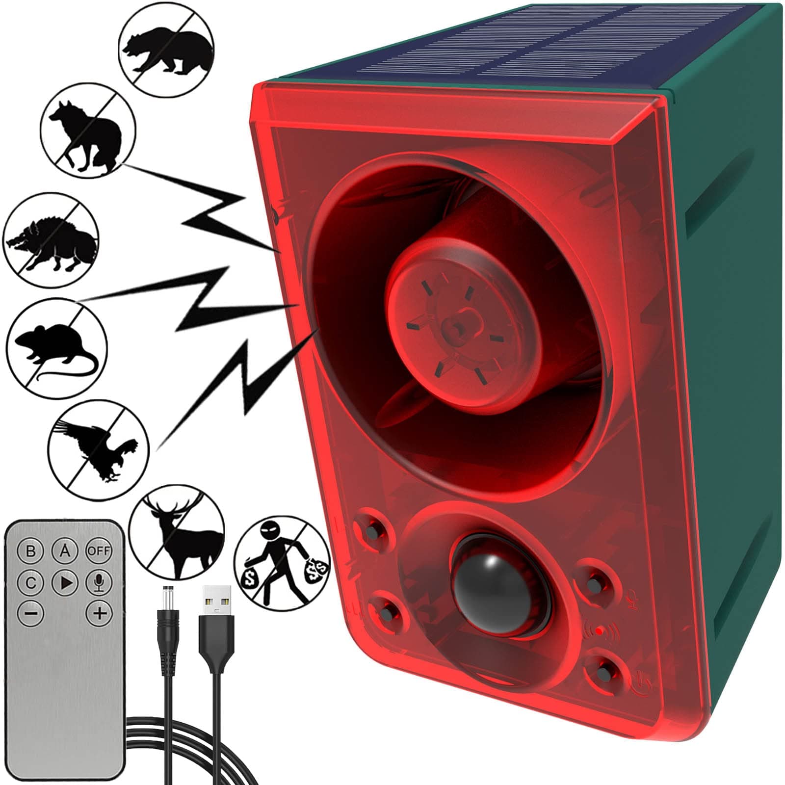 Solar Outdoor Motion Sensor Alarm - Dog Barking & Gunshot Sound 130db Motion Detector Alarm Light,with Remote Controller for Home, Villa,Yard,Chicken coop,Farm,Barn, ZFD-11N-01