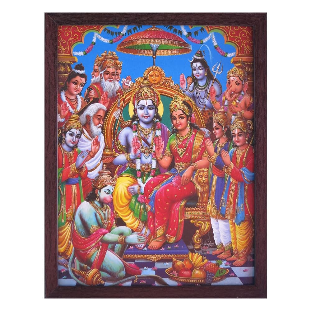 Hanuman Ram Darbar, A Holy and Hindu Religious Gathering of Lord Ram, Sita and Laxman, A Hindu Religious Poster Painting with Frame for Hindu Religious and Gift Purpose.