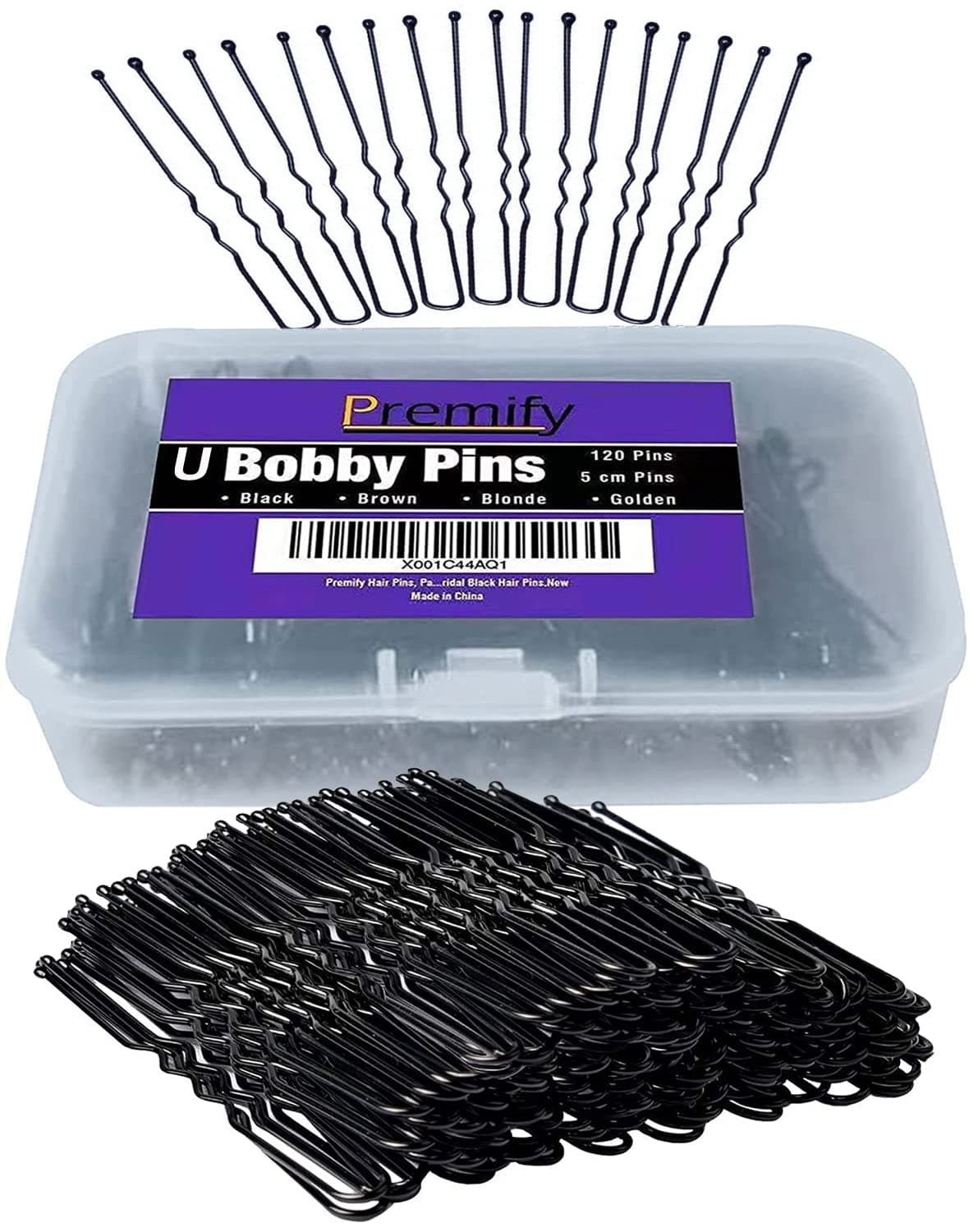 PREMIFY U Shaped Black Hair Pins, Pack of 120 Bobby Pins for Bun, Hair Grips for Women, Wedding Bridal Hairpins in Plastic Box