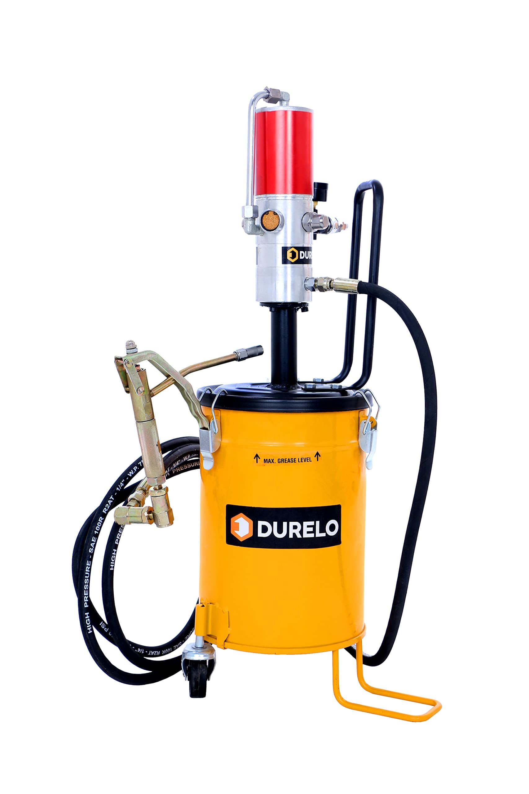 DURELO GRP-10 Air Operated Pneumatic Grease Gun Bucket 10Kg | High Pressure Grease Pump Ratio 50:1, Complete with High Pressure Hose & Swivel Gun