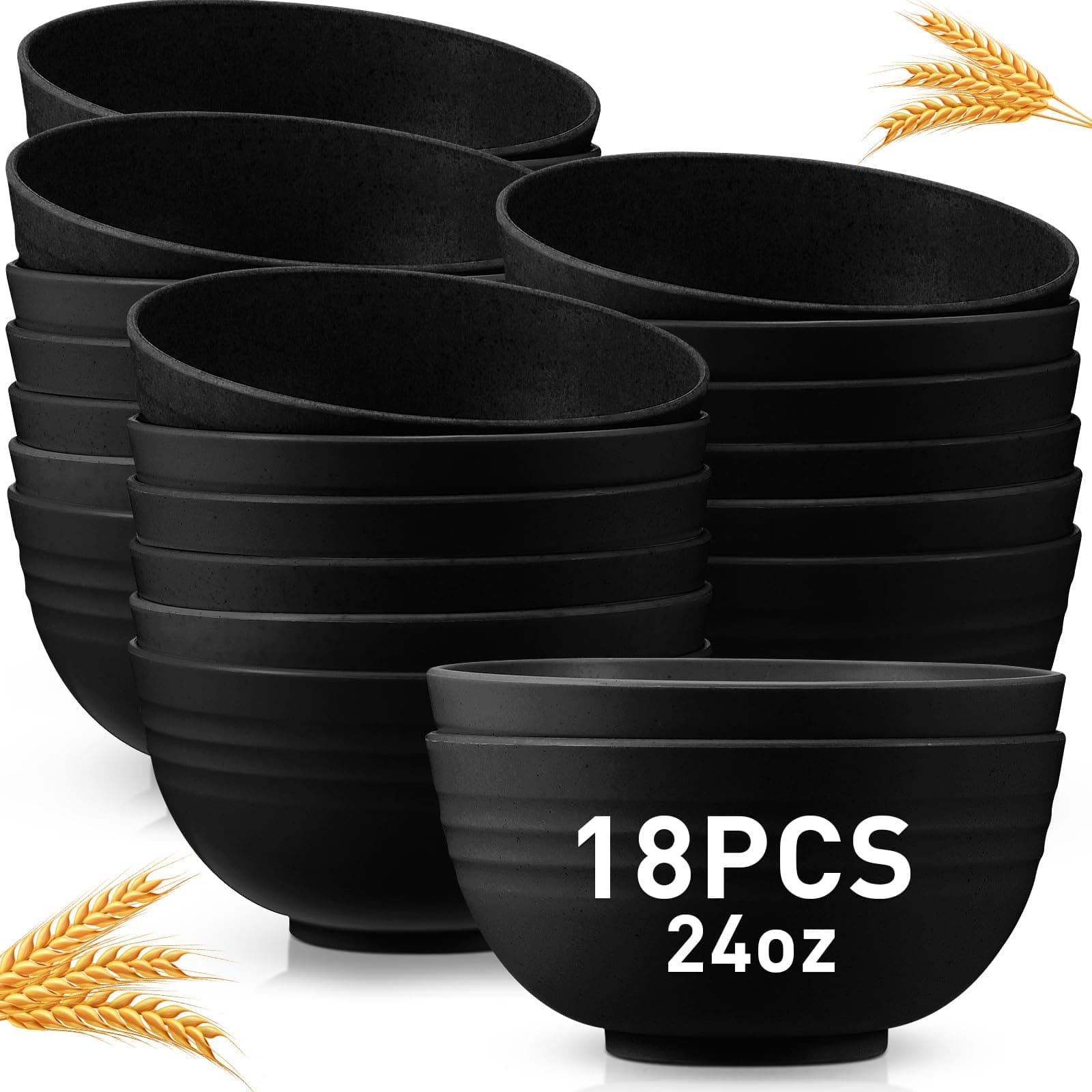 Geosar 18 Pcs Unbreakable Cereal Bowls 24 Oz Microwave and Dishwasher Safe Wheat Straw Fiber Lightweight Bowl for Soup Kitchen Serving Salad Dishes Oatmeal(Black)