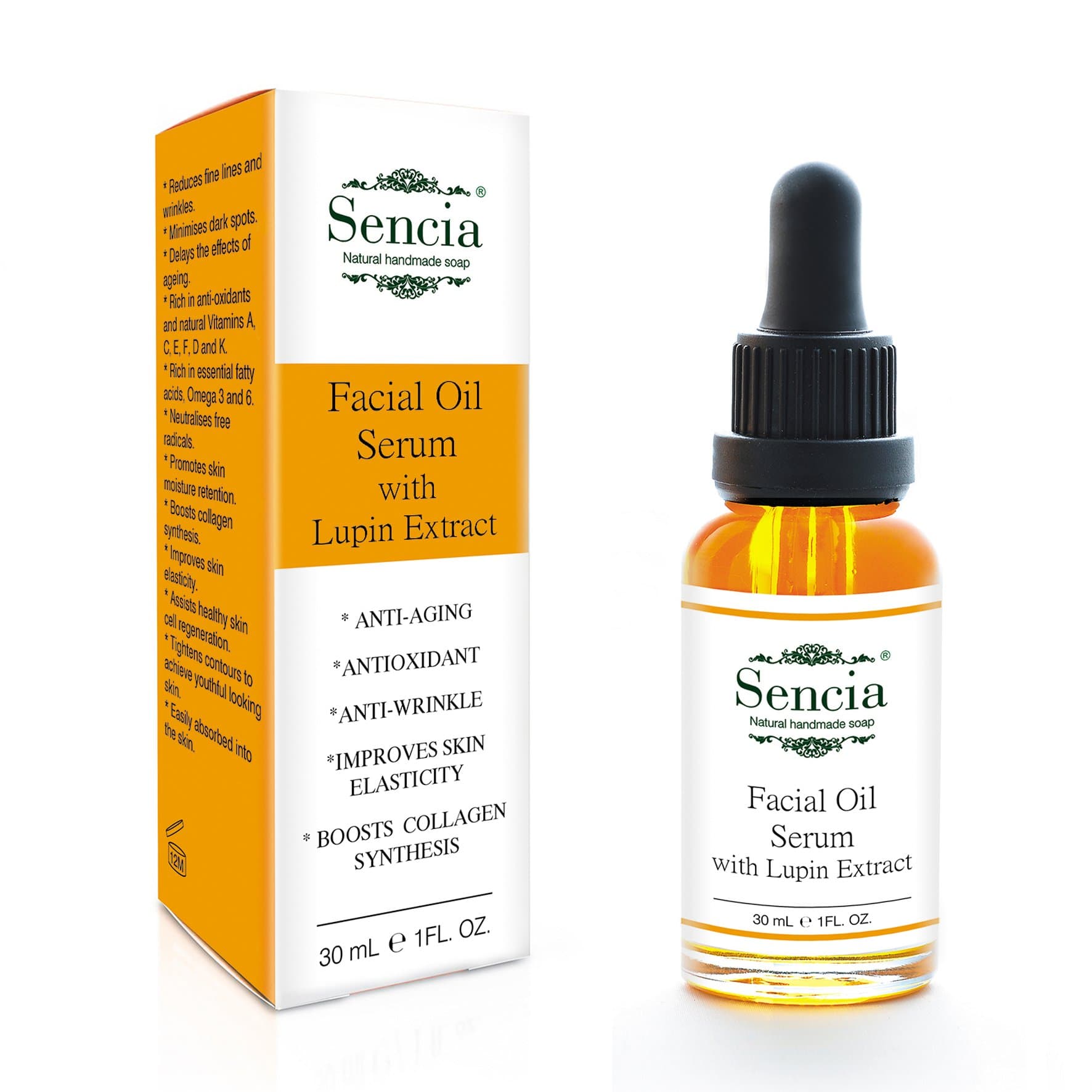 Sencia Face Oil Serum with Organic Argan Oil, Rosehip, Apricot Kernel, Sea Buckthorn and Lupin Extract | Anti-Ageing Omega 3 + 6, Vitamin A, C, E | Nourish, Firm Crepey Skin, Boost Collagen 1 Oz