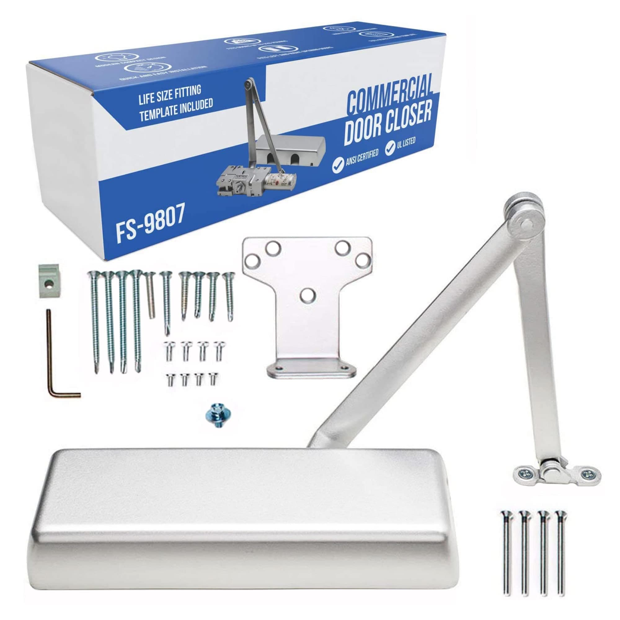 FORTSTRONG Heavy Duty Commercial Door Closer FS-9807 - Grade 1 Commercial Standard Automatic Door Closing Mechanism – Durable Plastic Casing – for High Traffic Areas - Fitting Instructions – UL Listed