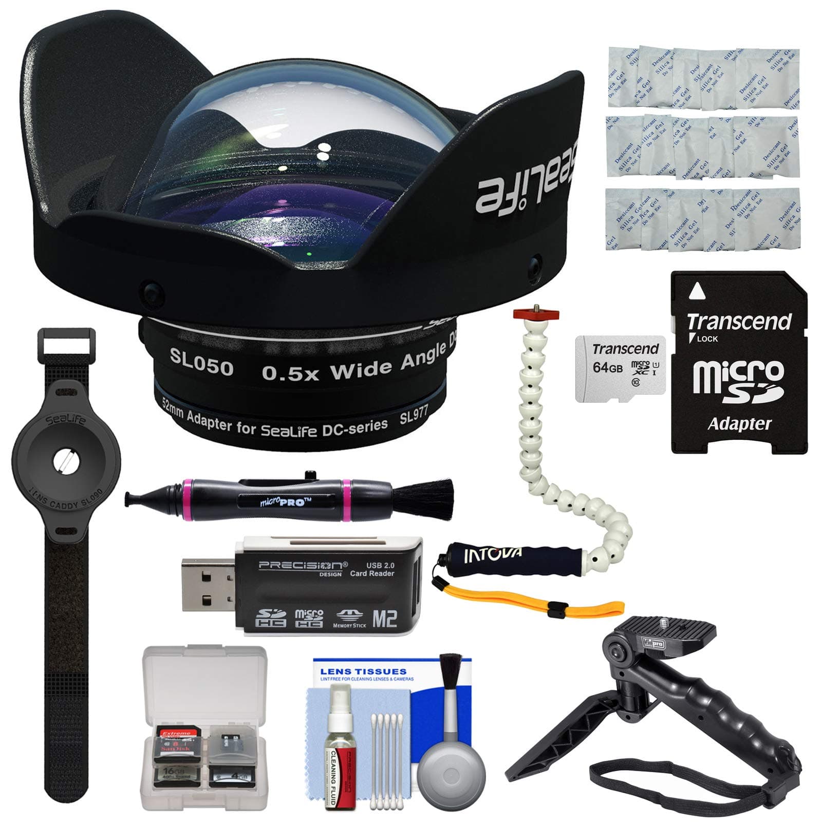 SeaLife SL050 0.5X Wide Angle Dome Lens for DC2000 Camera with 64GB Card + Lens Caddy + Extension Pod + Tripod + Kit