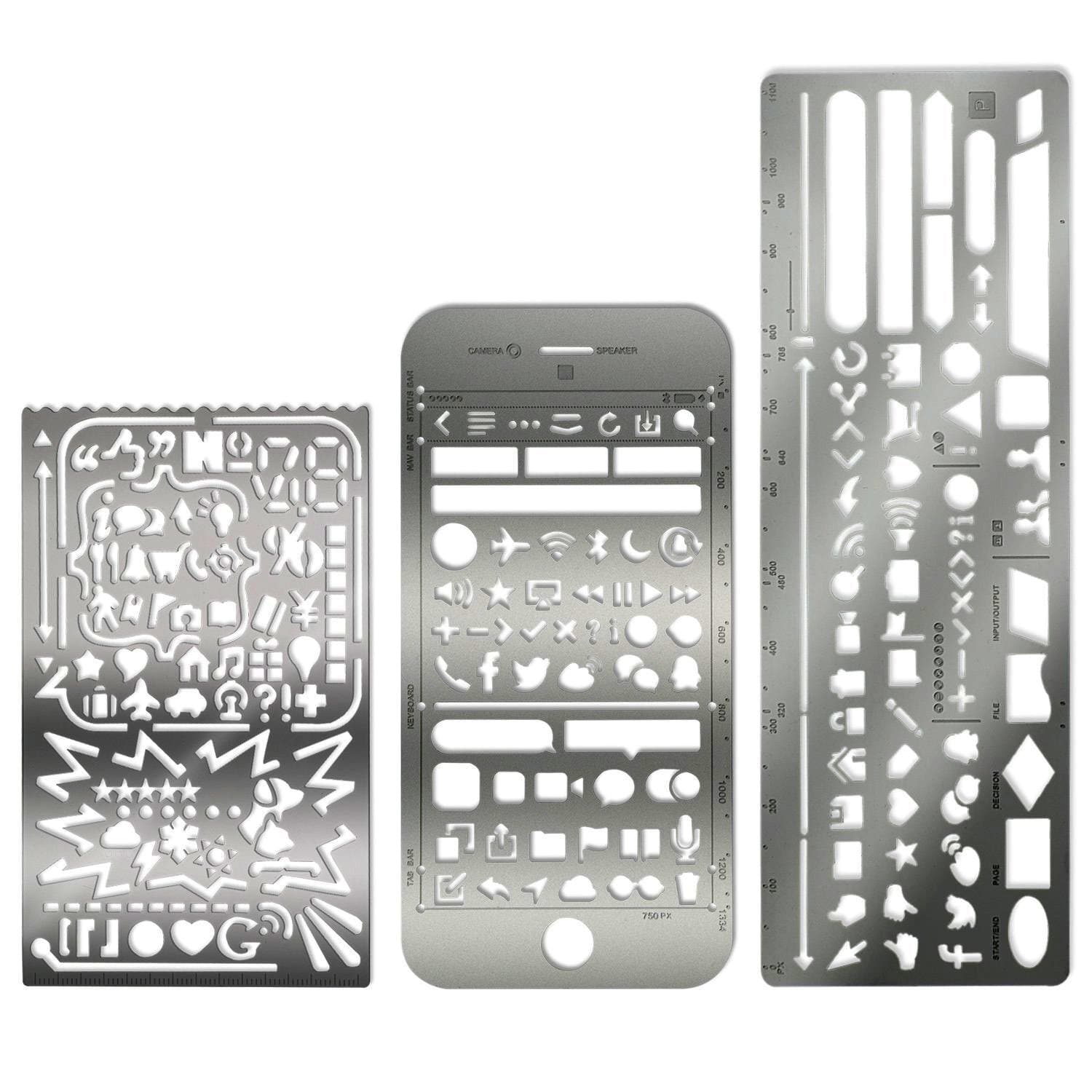 TouchLife Set of 3 Stainless Steel Portable Drawing Graffiti Web UI/IOS/Number Alphabet Template Ruler Stencils
