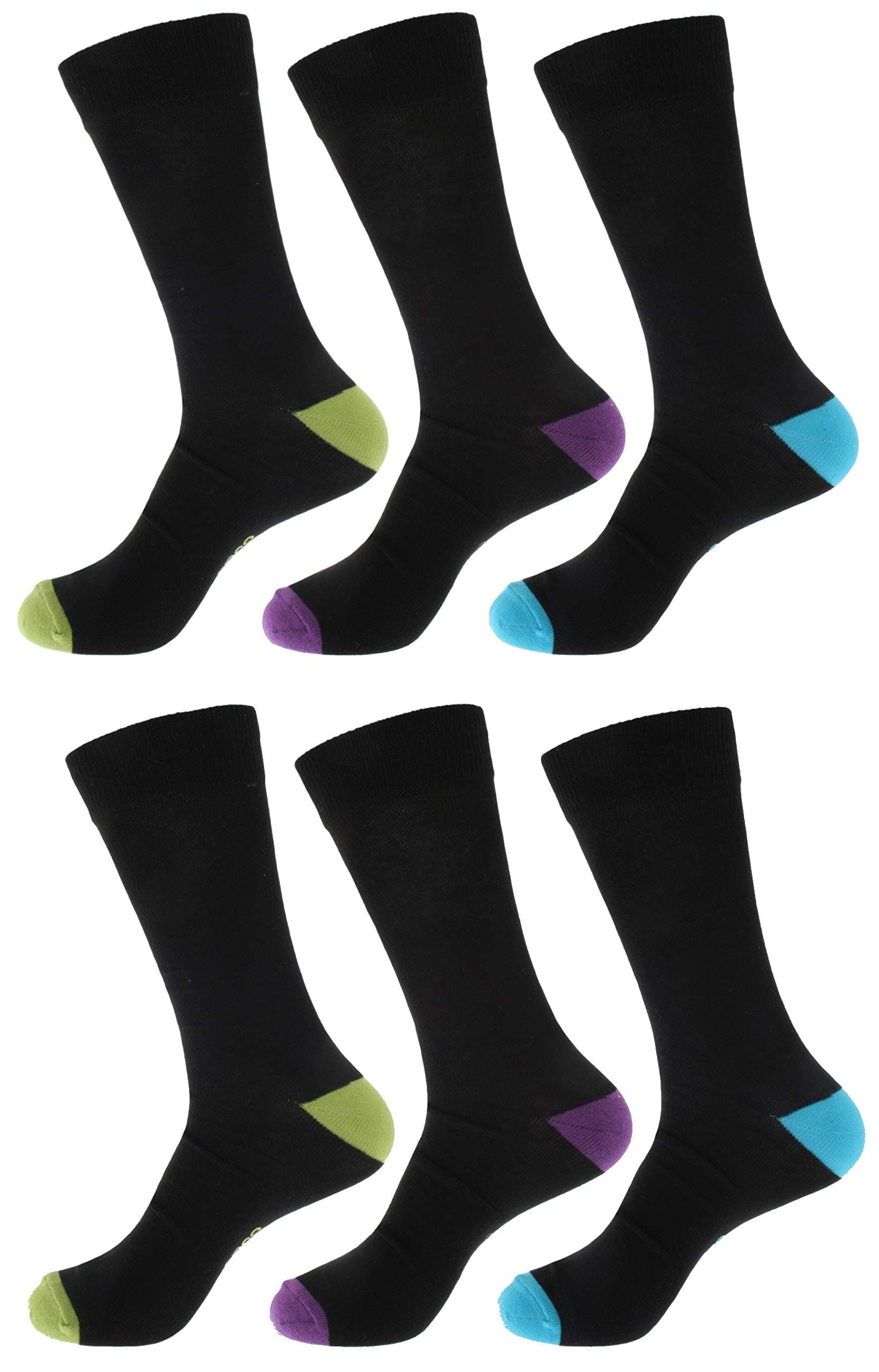 Atano Mens 6 Pack of Cotton Rich Socks with Coloured Heel & Toe Black
