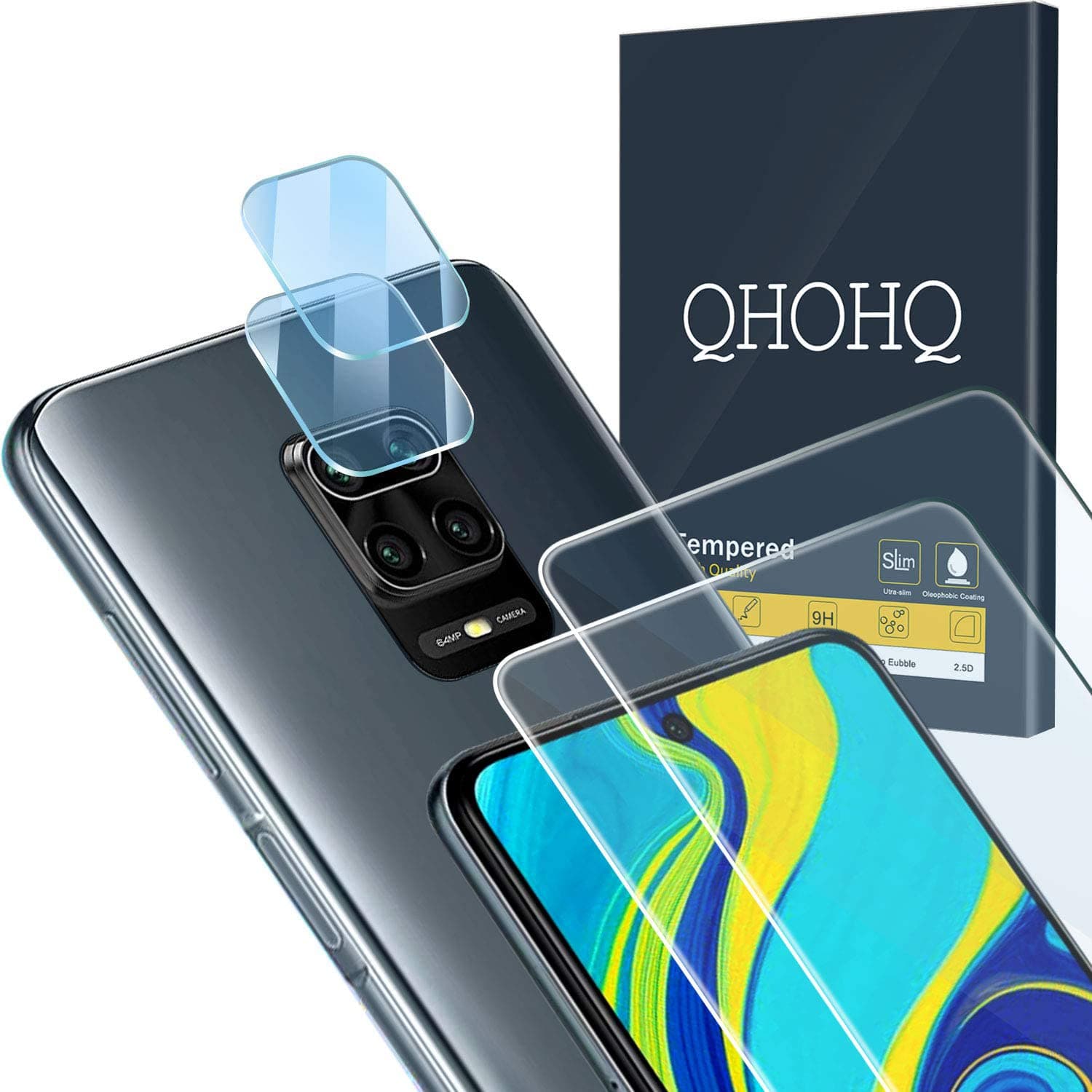 QHOHQ Tempered Glass for Xiaomi Redmi Note 9S,[2 Pack] [9H Hardness] HD Transparent Scratch-Resistant [Bubble Free] Screen Protector