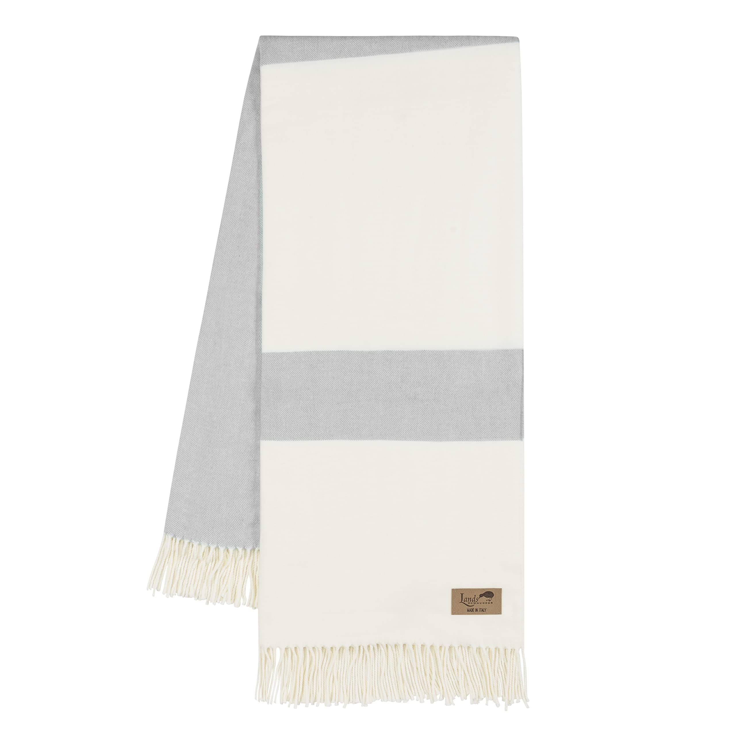 Lands Downunder All-Season, Luxury Light Gray Sydney Stripe Herringbone Throw – Soft Woven Throw with Decorative Fringe – Made in Italy – 51”W x 67”L - Perfect for Gifting