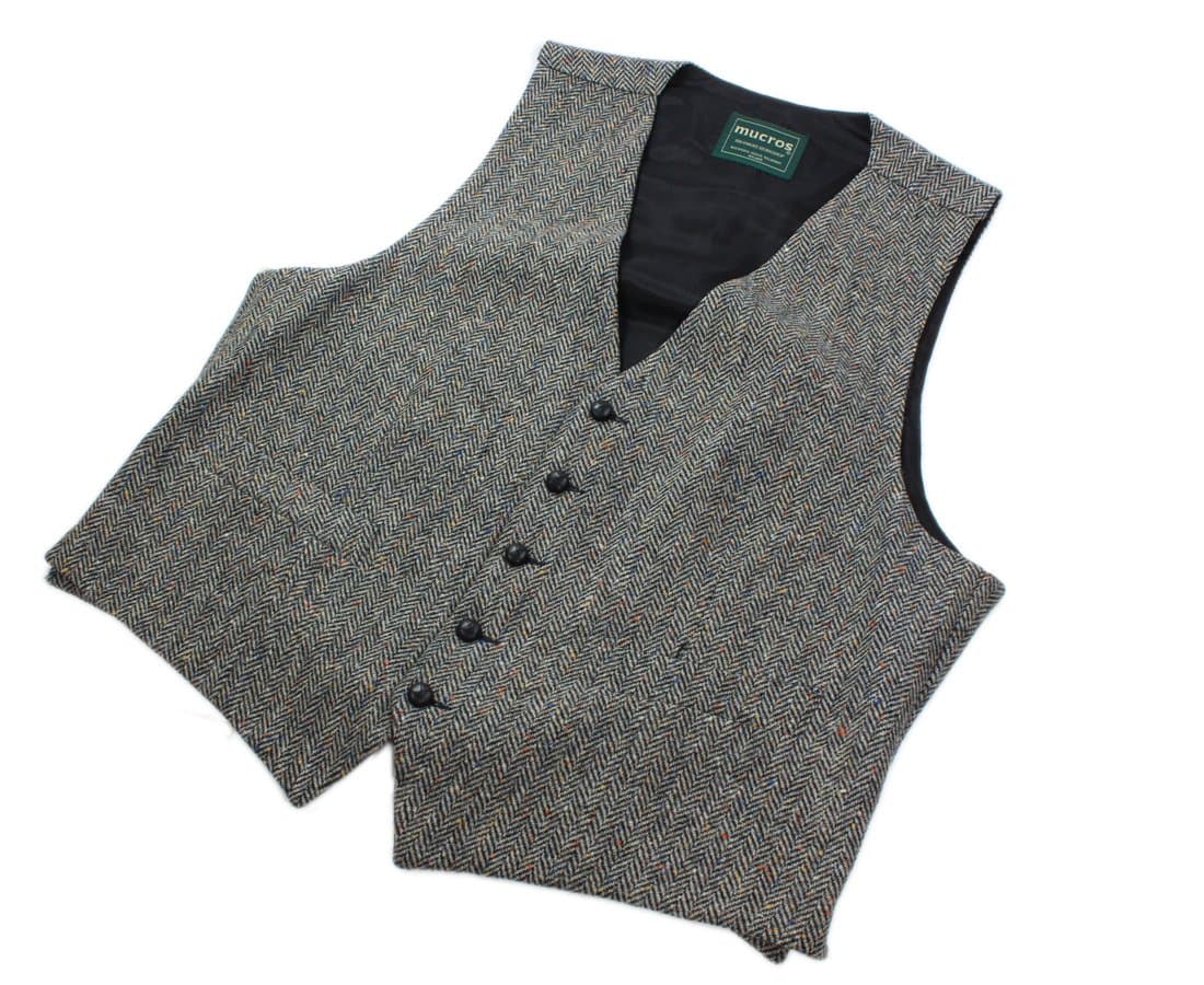Mucros Men's Irish Tweed Vest Grey Herringbone Wool Full Back Made in Ireland