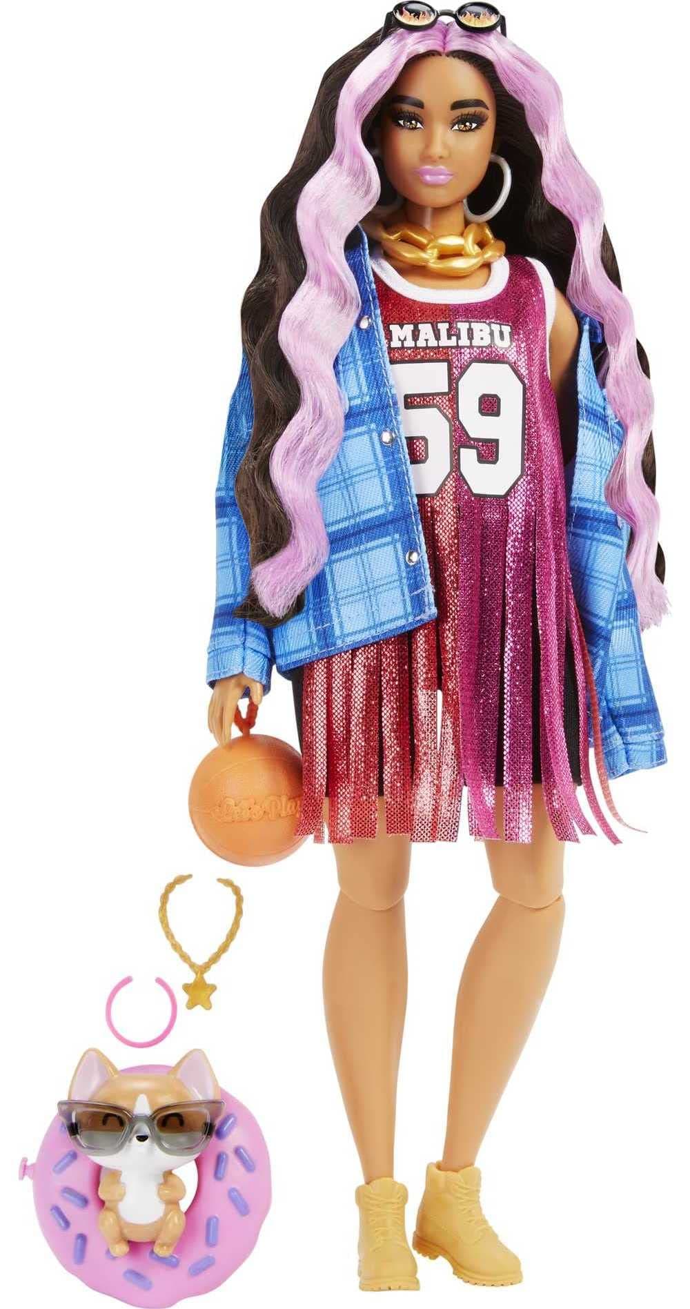 Extra Doll and Accessories with Pink-Streaked Crimped Hair in Jersey Dress with Pet Corgi