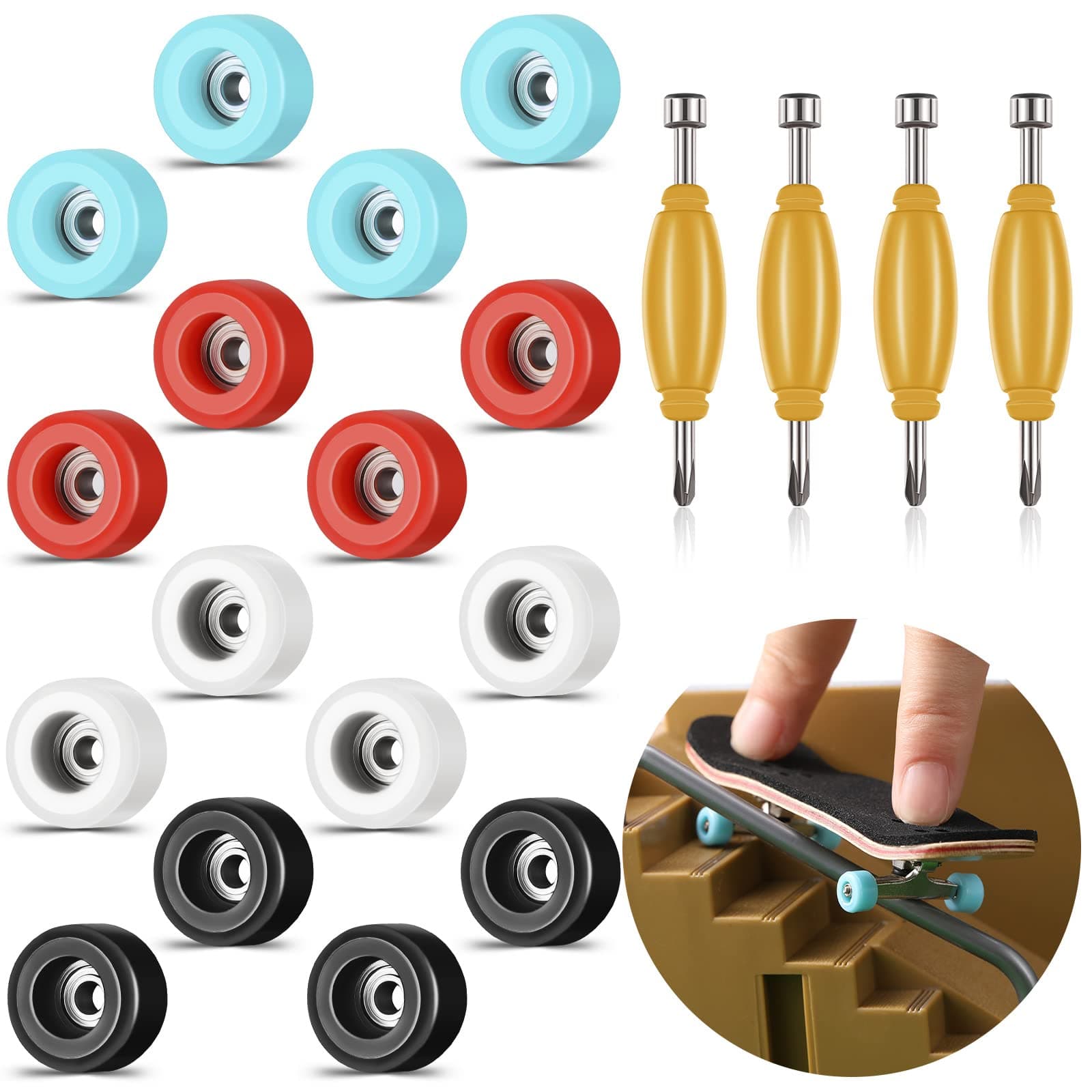 20 Pieces Fingerboard Tool Set Bearing Wheels with 4 Pieces Tool Screwdriver and Nut Driver Compatible with Most Fingerboard Trucks(White, Black, Red, Light Blue)