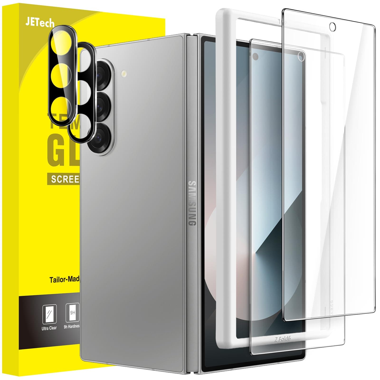 JETech Front Screen Protector for Samsung Galaxy Z Fold 6 with Camera Lens Protector, Easy Installation Tool, 9H Tempered Glass Film, Anti-Scratch, HD Clear, 2-Pack Each