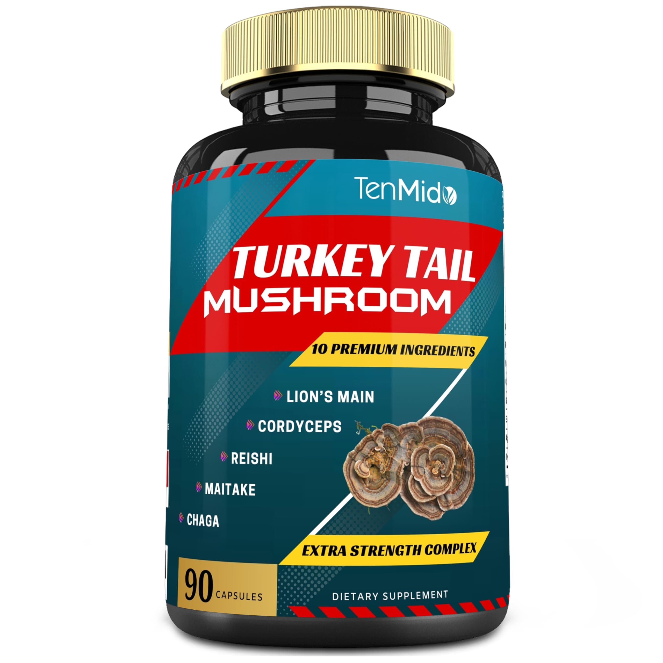 Turkey Tail Mushroom Supplement Extract with Lions Mane, Cordyceps, Reishi and More, 10 Herbs in 1 | Improves Digestive Function, Supports Immune System, 3 Months Supply