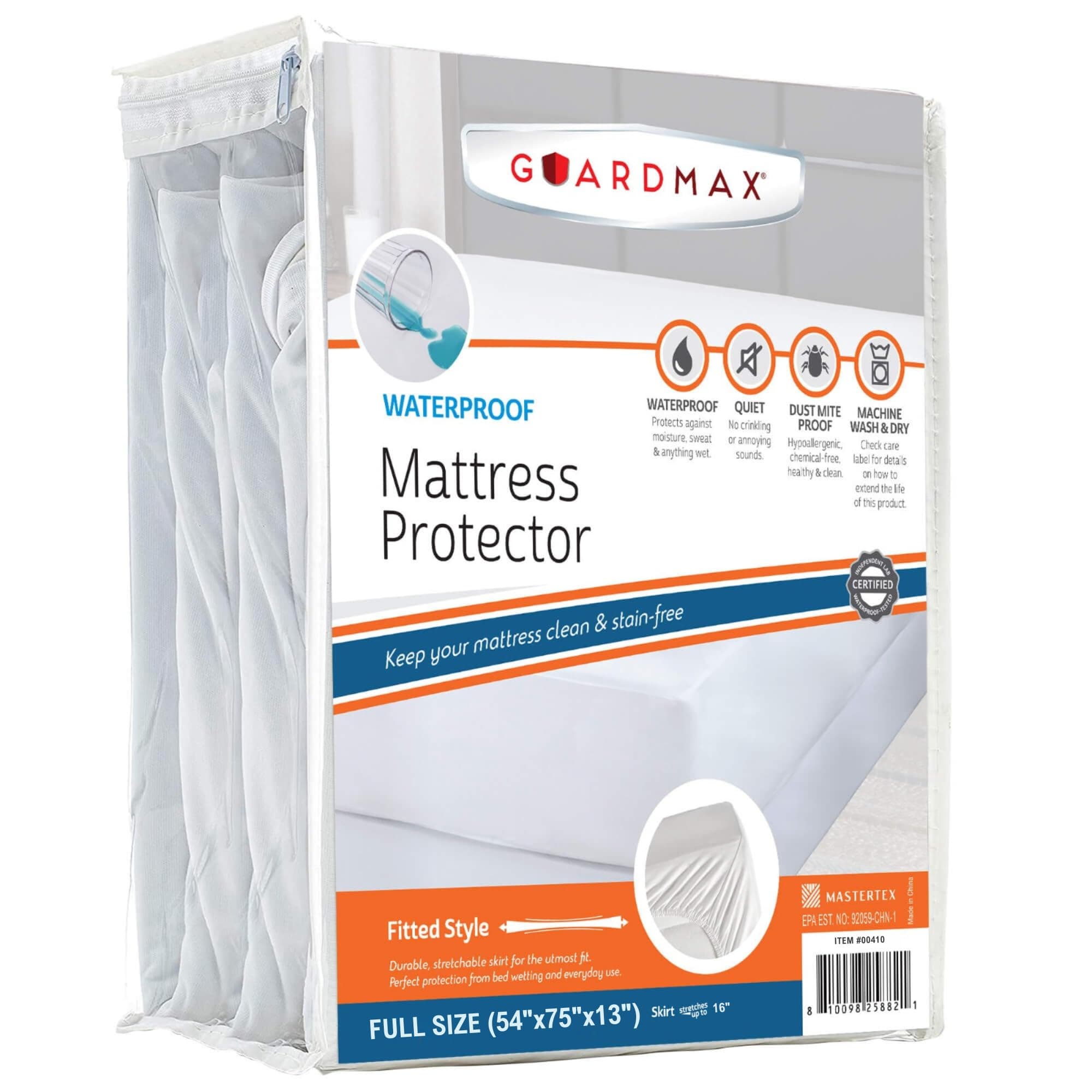Guardmax Fitted Waterproof Mattress Protector - Hypoallergenic Cover, Noiseless and Breathable - Full Size (54x75) - Skirt Stretches to 16