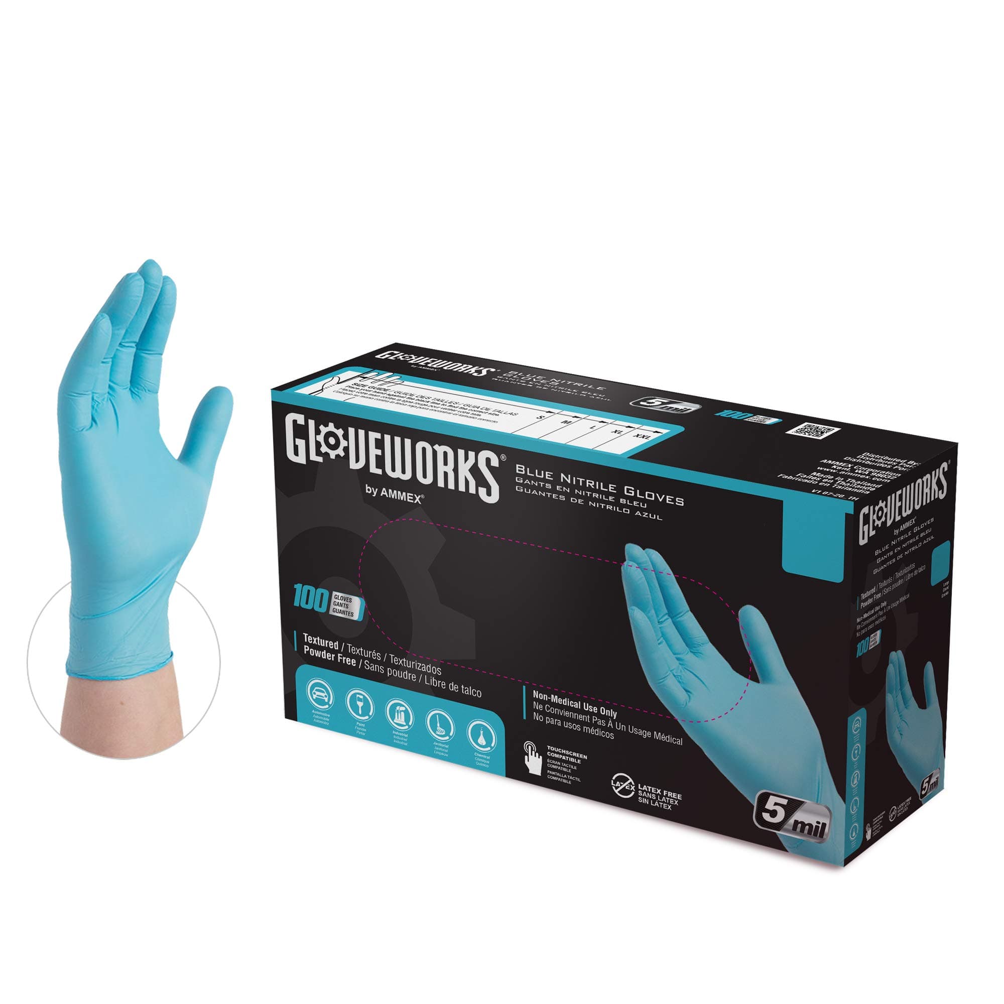 GLOVEWORKS Blue Disposable Nitrile Industrial Gloves, 5 Mil, Latex & Powder-Free, Food-Safe, Textured, Medium, Box of 100